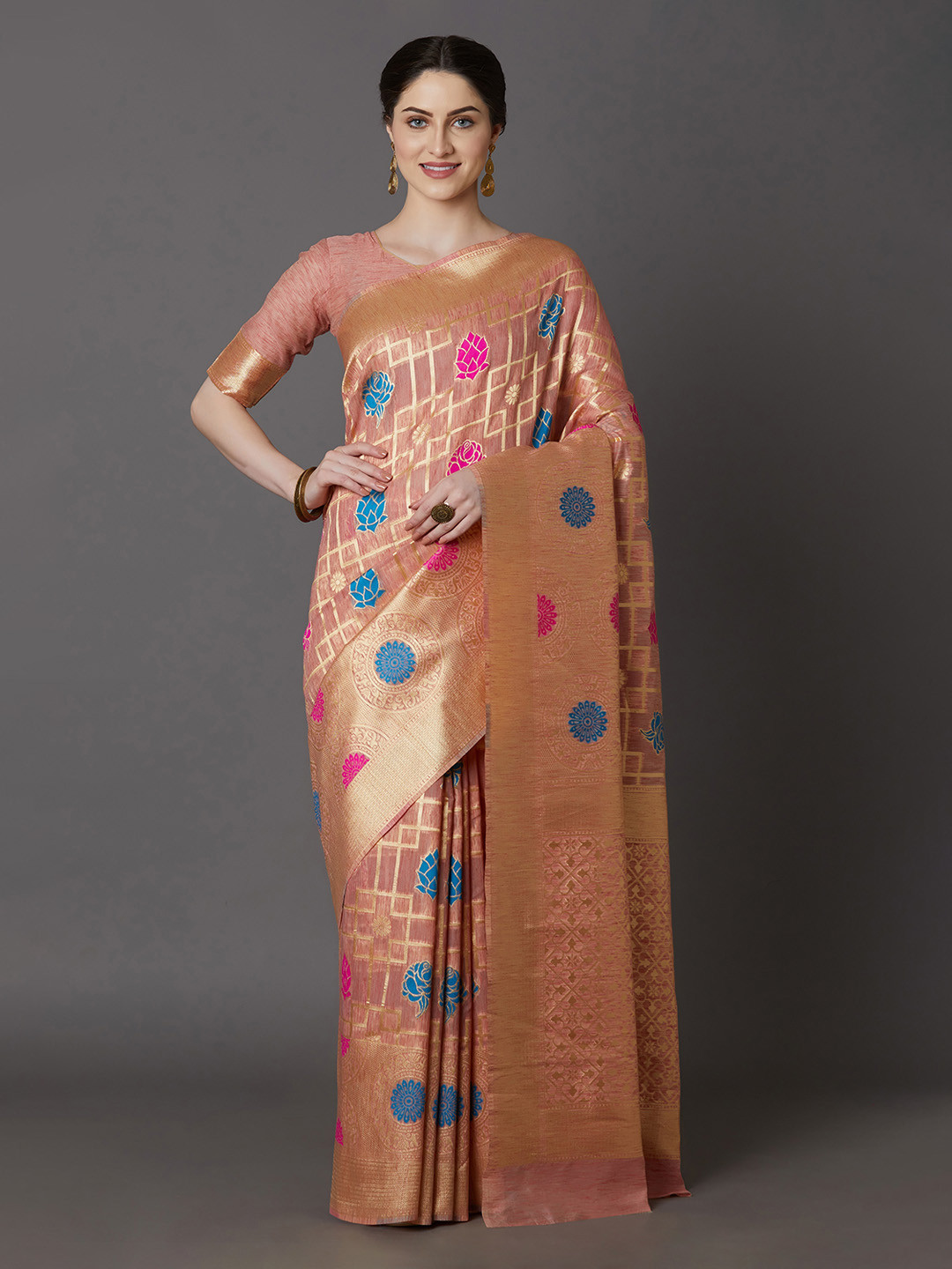 

Mitera Peach-Coloured & Blue Silk Blend Woven Design Kanjeevaram Saree