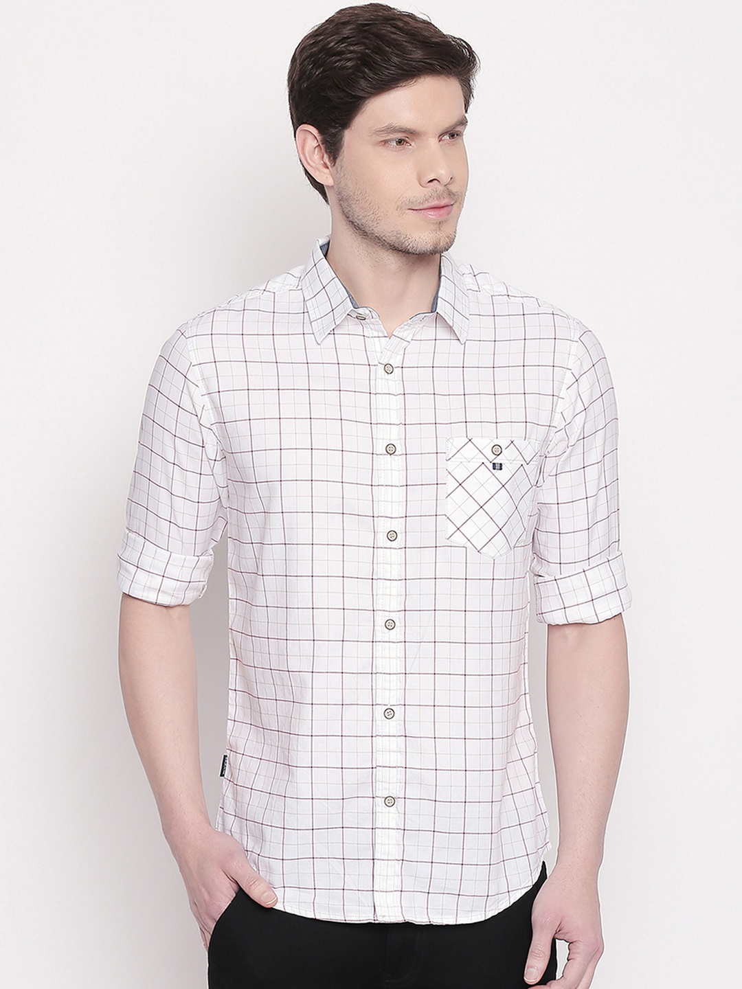 Mufti Men White & Brown Slim Fit Checked Casual Shirt