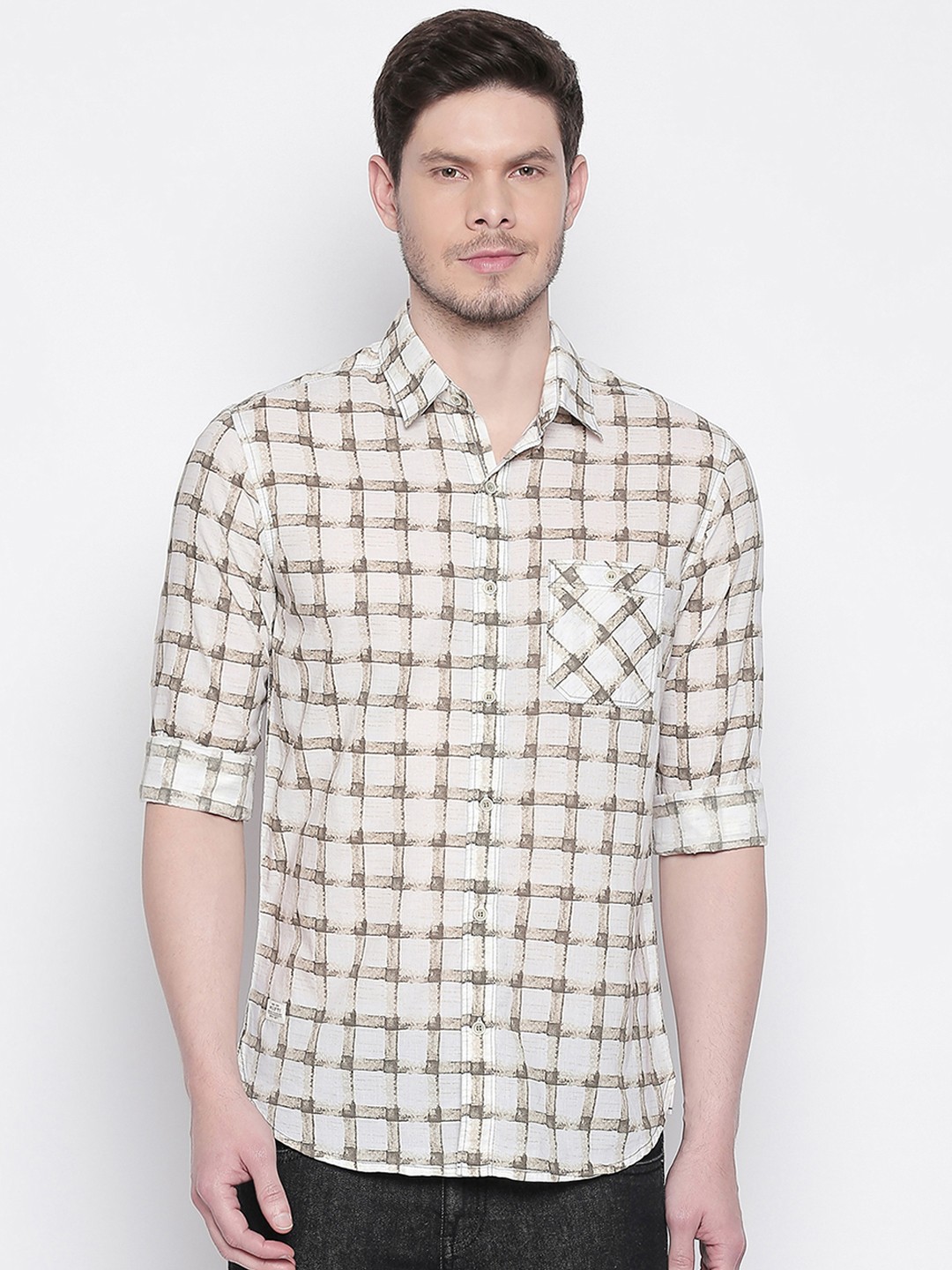 

Mufti Men Beige & Brown Slim Fit Checked Casual Shirt