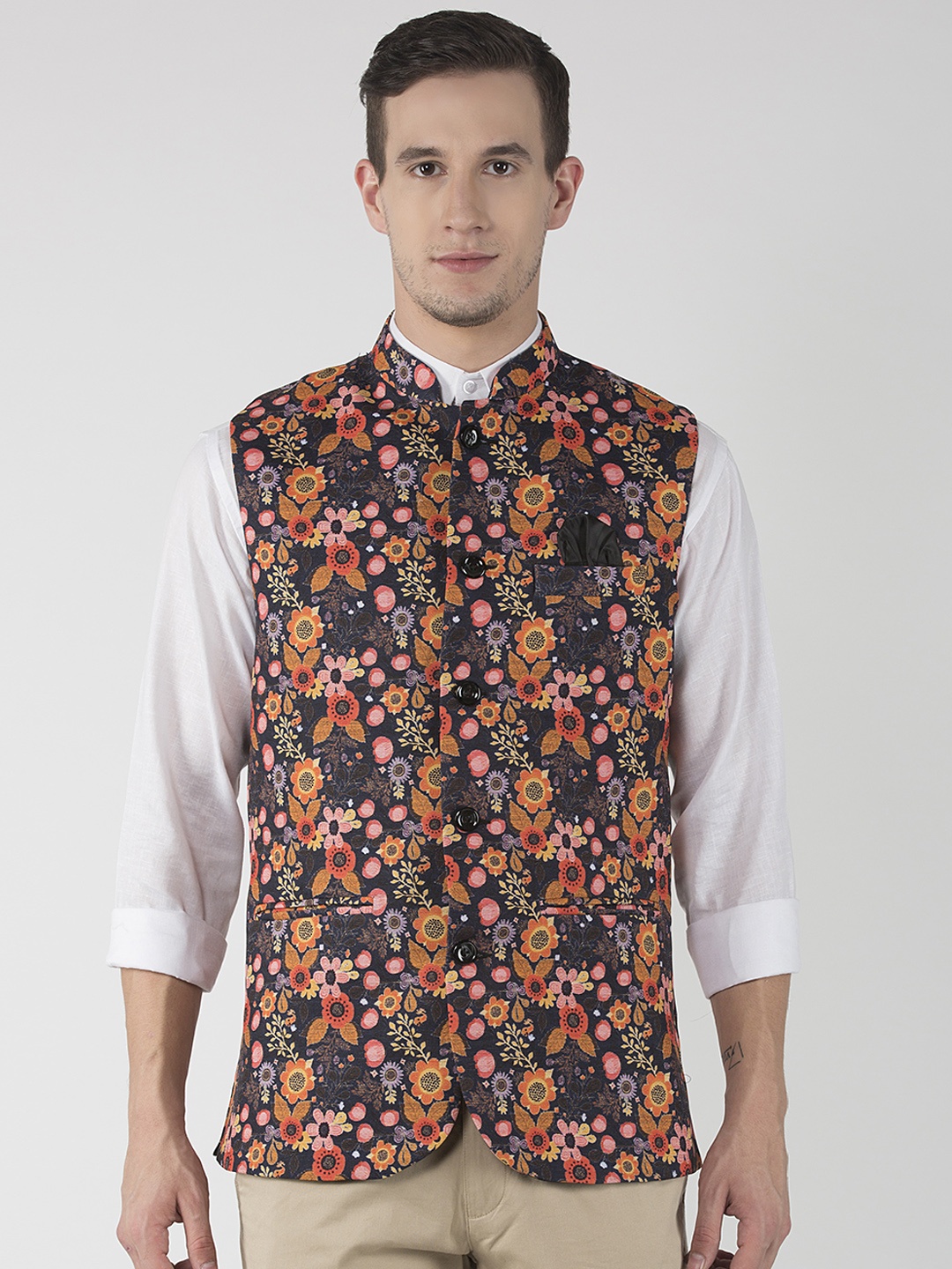 

Hangup Men Black & Orange Printed Festive Nehru Jacket, Multi