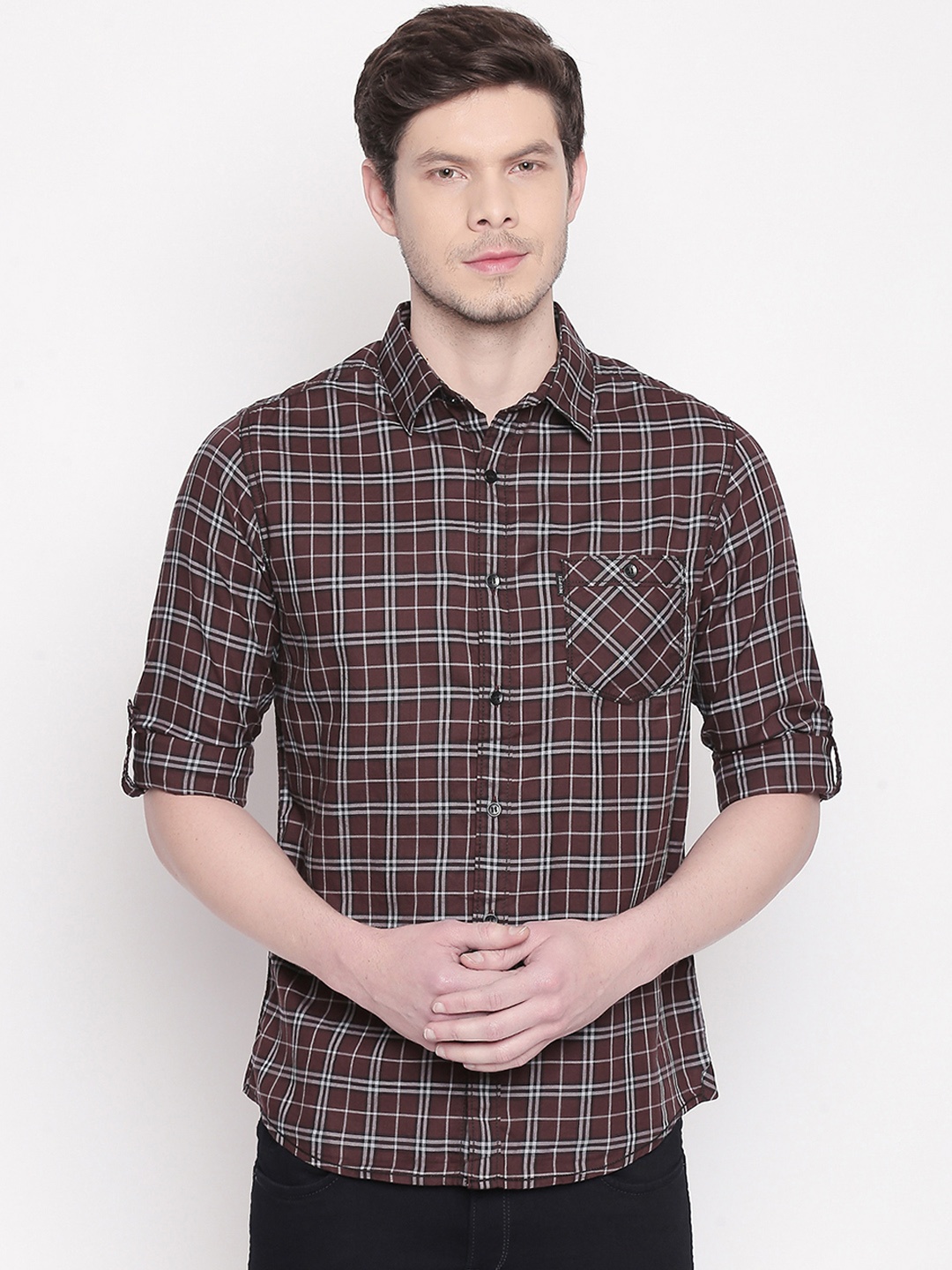 

Mufti Men Brown & Off-White Checked Slim Fit Casual Shirt