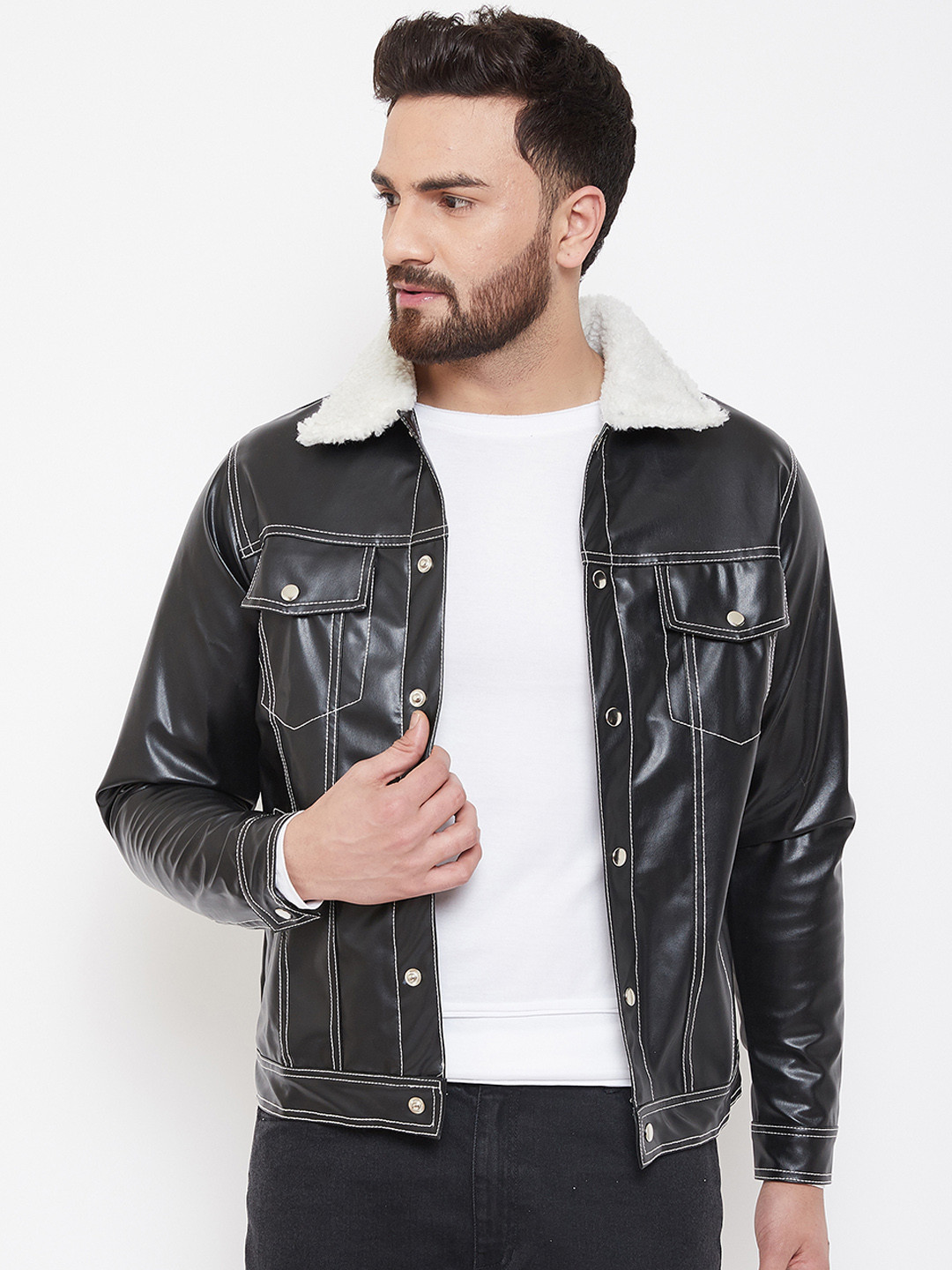

FUGAZEE Men Black Solid Biker Jacket