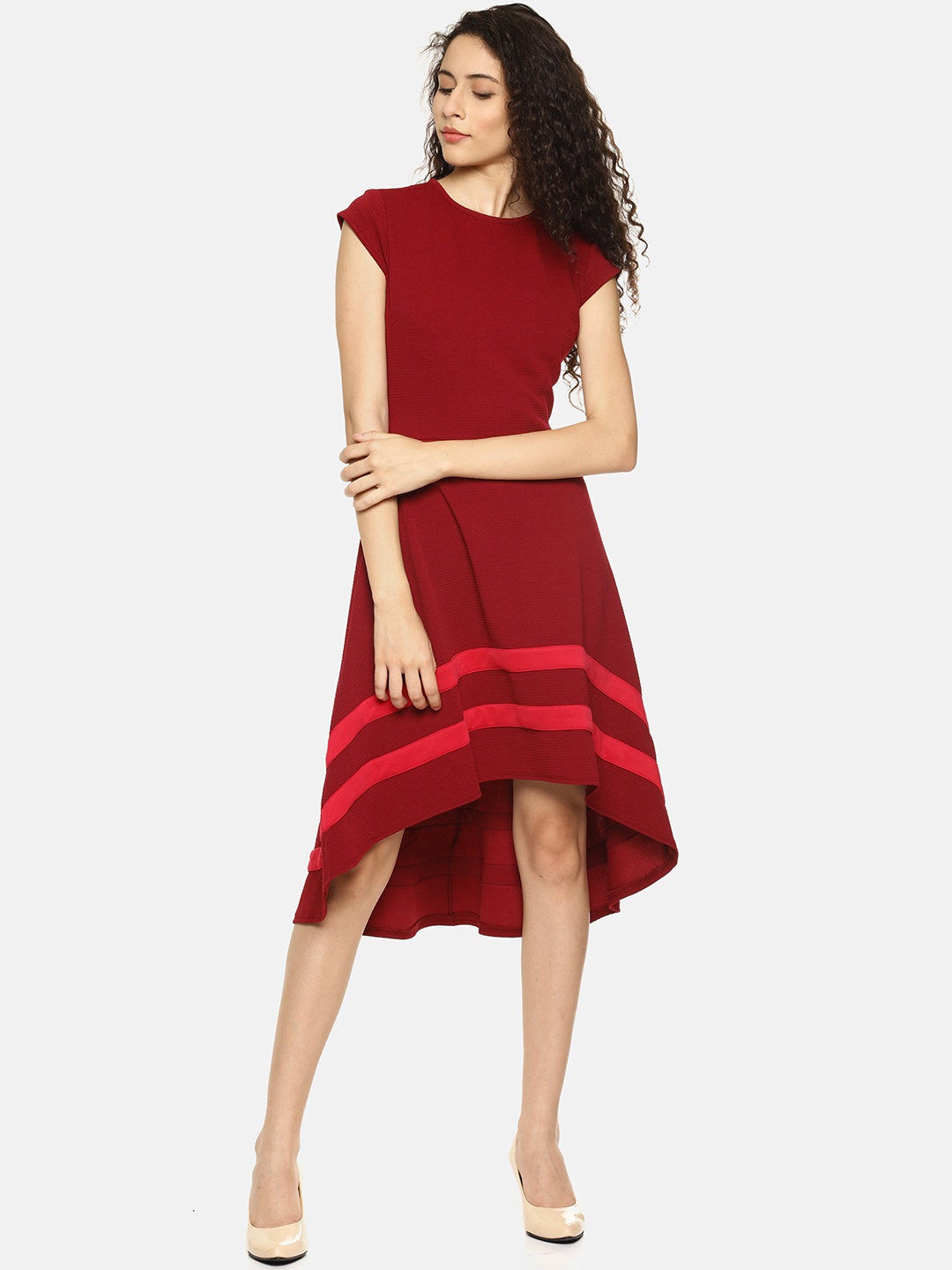 

AARA Women Maroon Striped A-Line High-Low Hem Dress