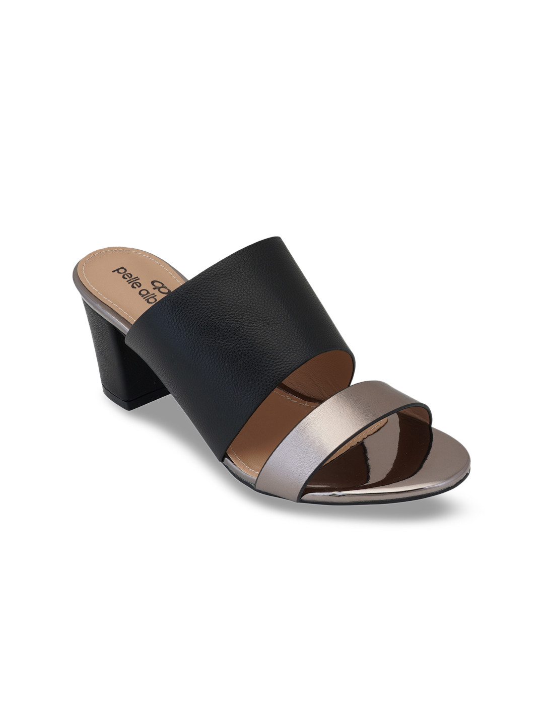 

pelle albero Women Black & Silver-Toned Solid Mules