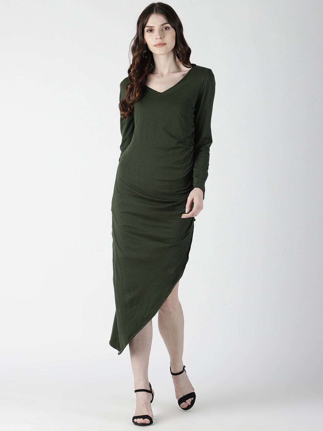 

AARA Women Olive Green Solid Asymmetric Hem Sheath Dress