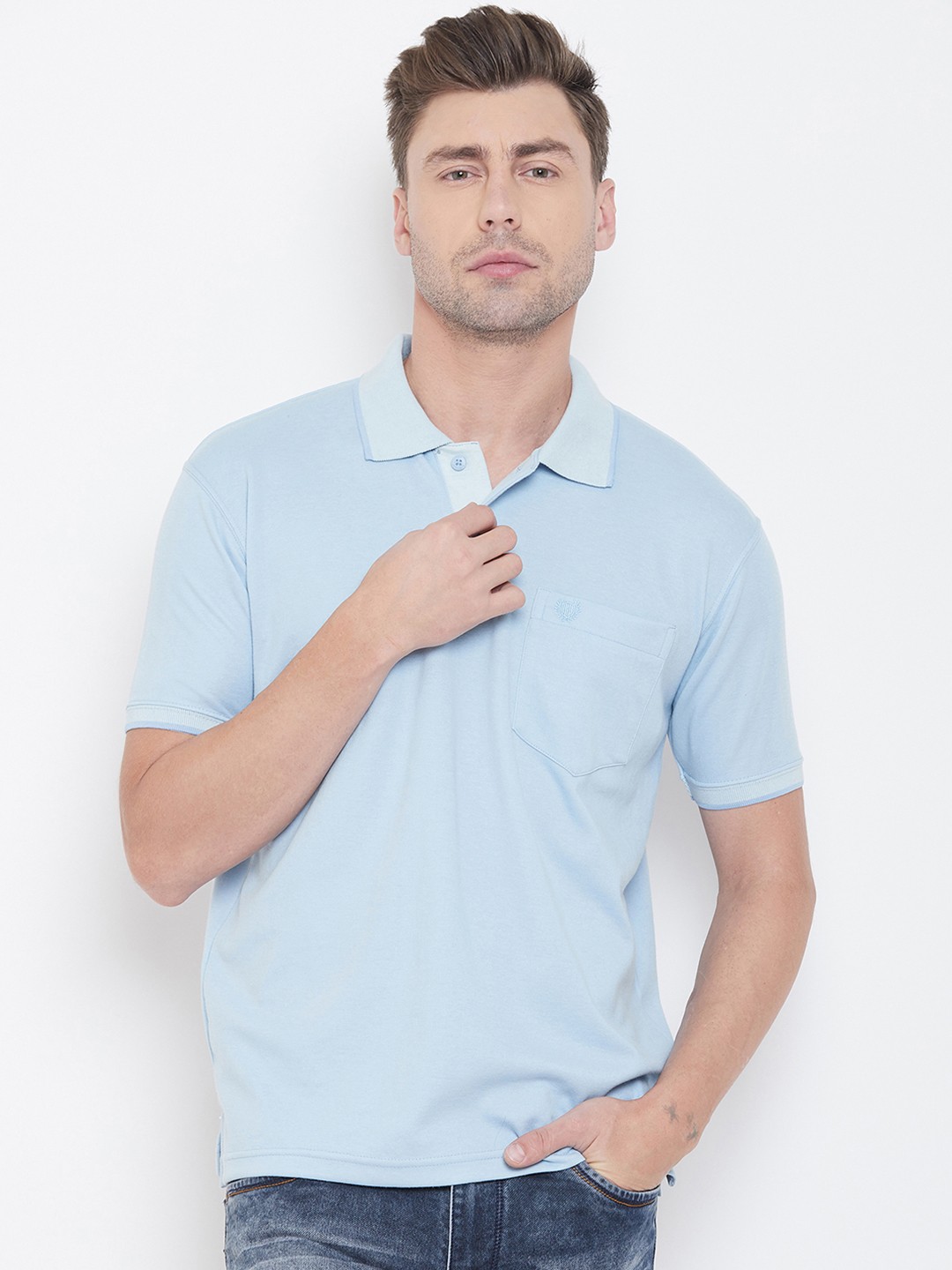 

Duke Men Blue Solid Polo Collar T-shirt