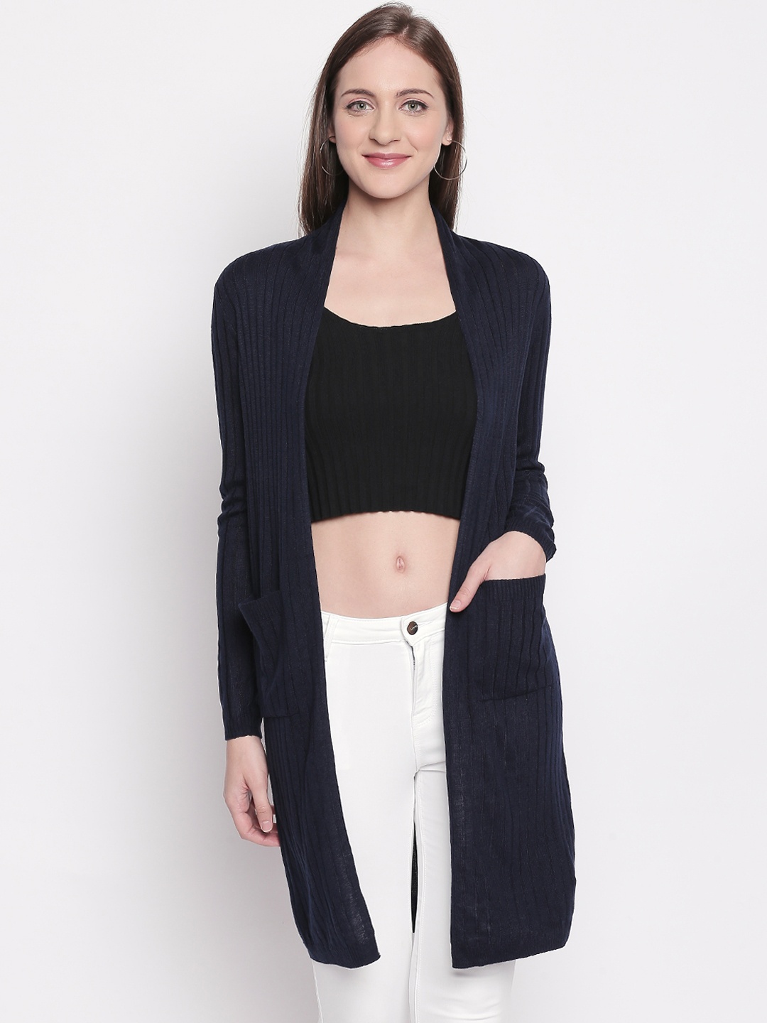 

Honey by Pantaloons Women Navy Blue Solid Front-Open Sweater