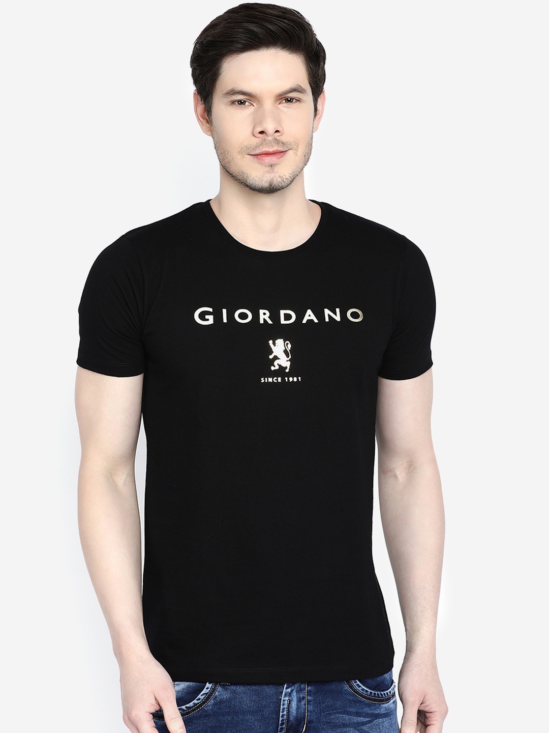 GIORDANO Men Black Printed Slim Fit Round Neck T-shirt
