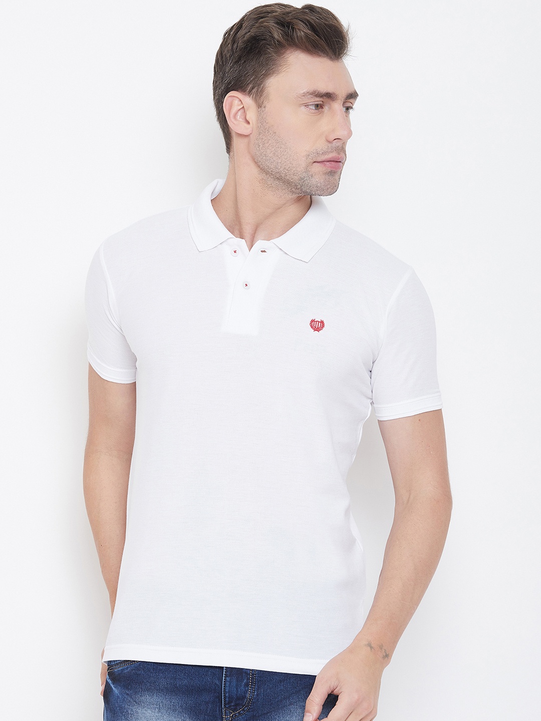 Duke Men White Solid Polo Collar T-shirt