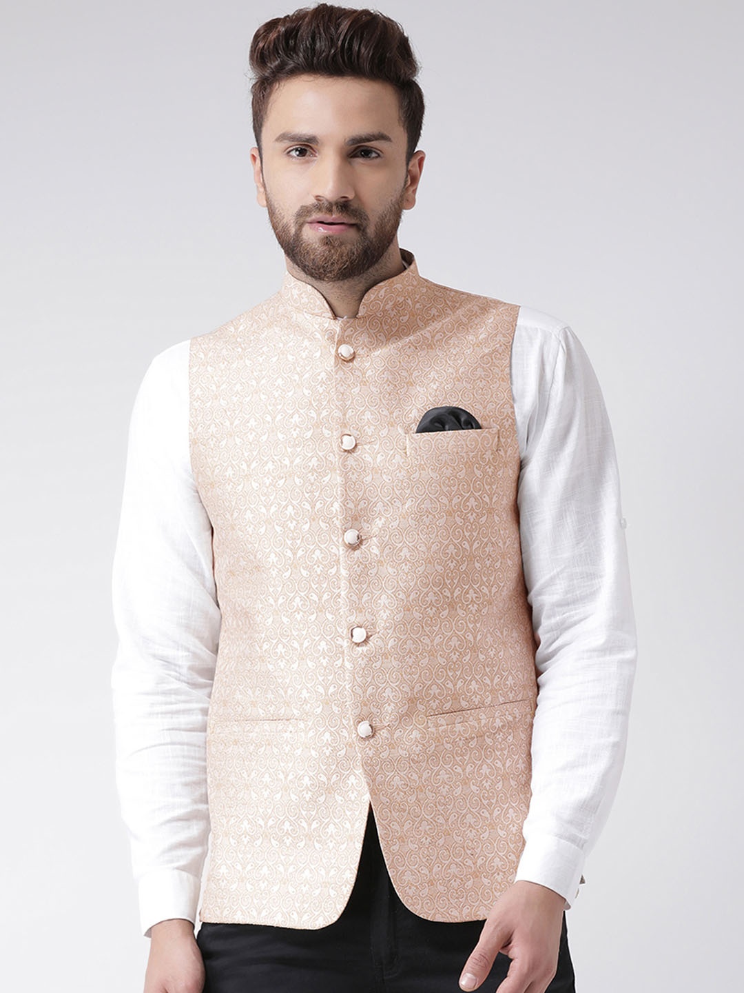 

Hangup Men Blue & White Woven Design Festive Nehru Jacket, Beige