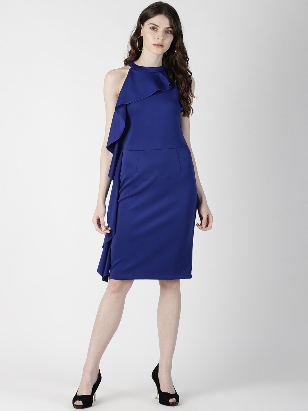 

AARA Women Blue Solid Sheath Ruffle Dress