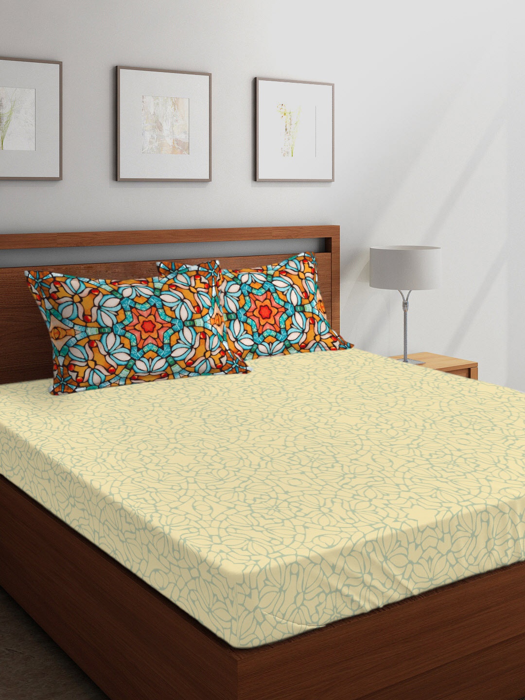 

Boutique Living India Beige & Blue Floral 300 TC Cotton 1 King Bedsheet with 2 Pillow Covers
