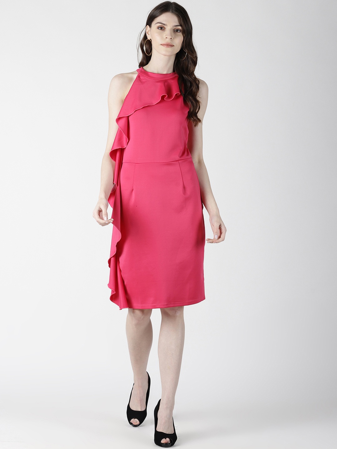 

AARA Women Pink Solid Ruffle Sheath Dress