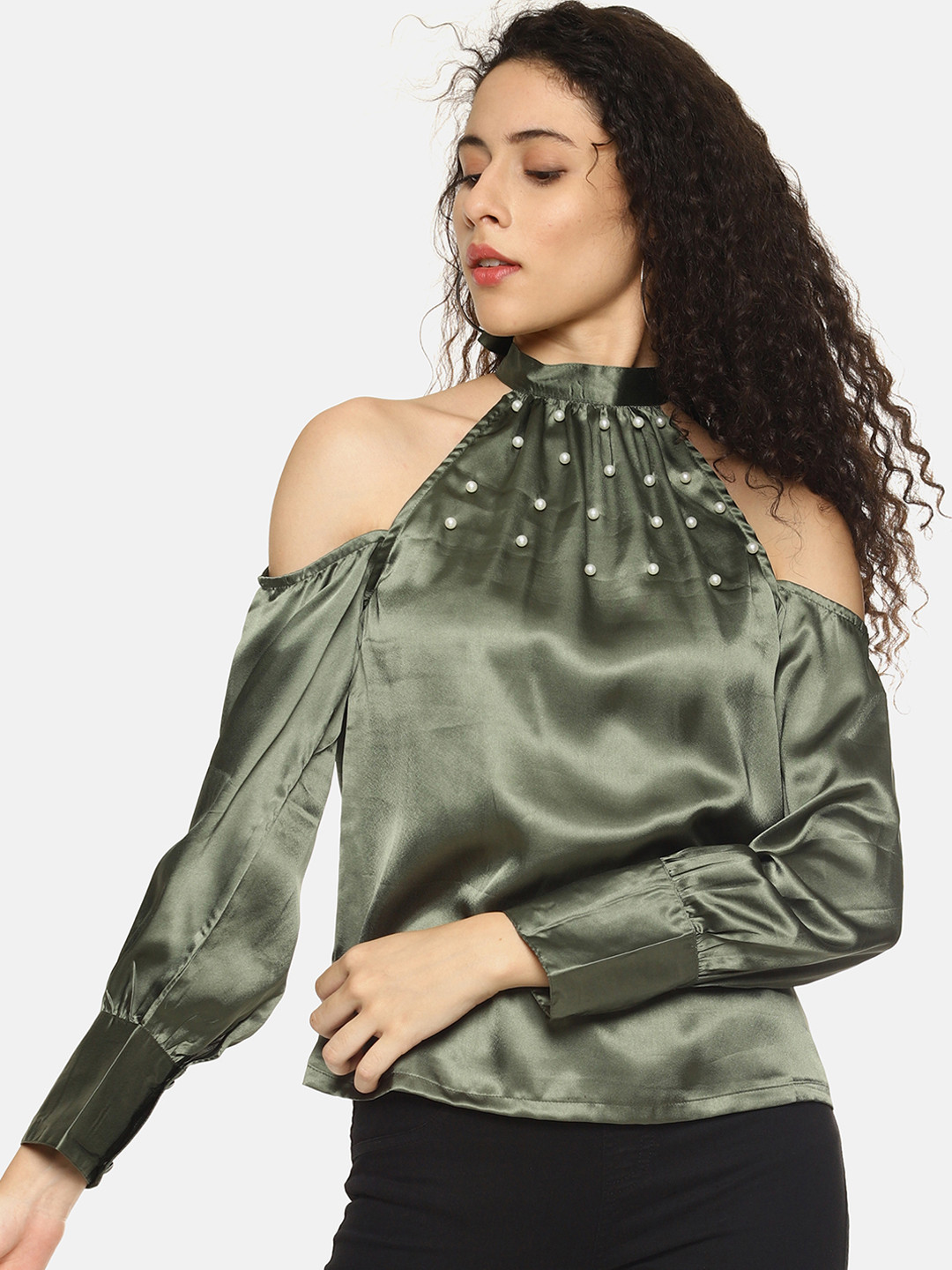 

AARA Women Olive Green Embellished Top