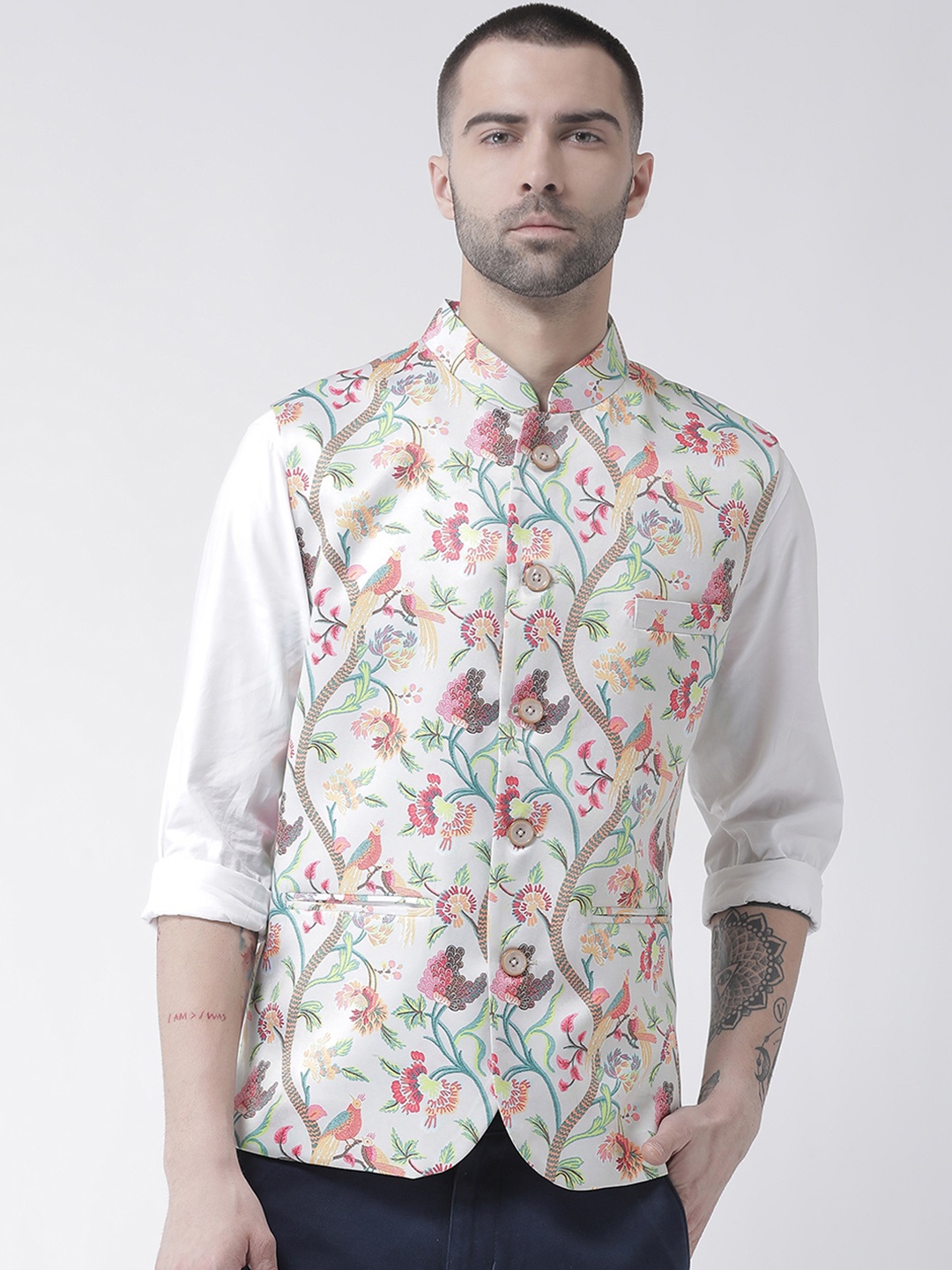 

Hangup Men White & Green Printed Nehru Jacket