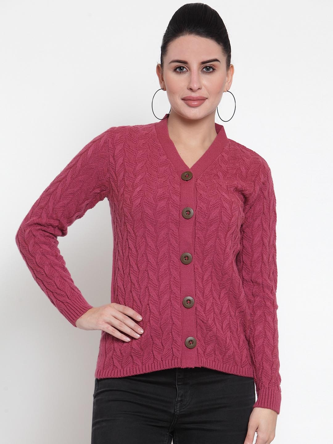 

Kalt Women Magenta Self Design Cardigan Sweater