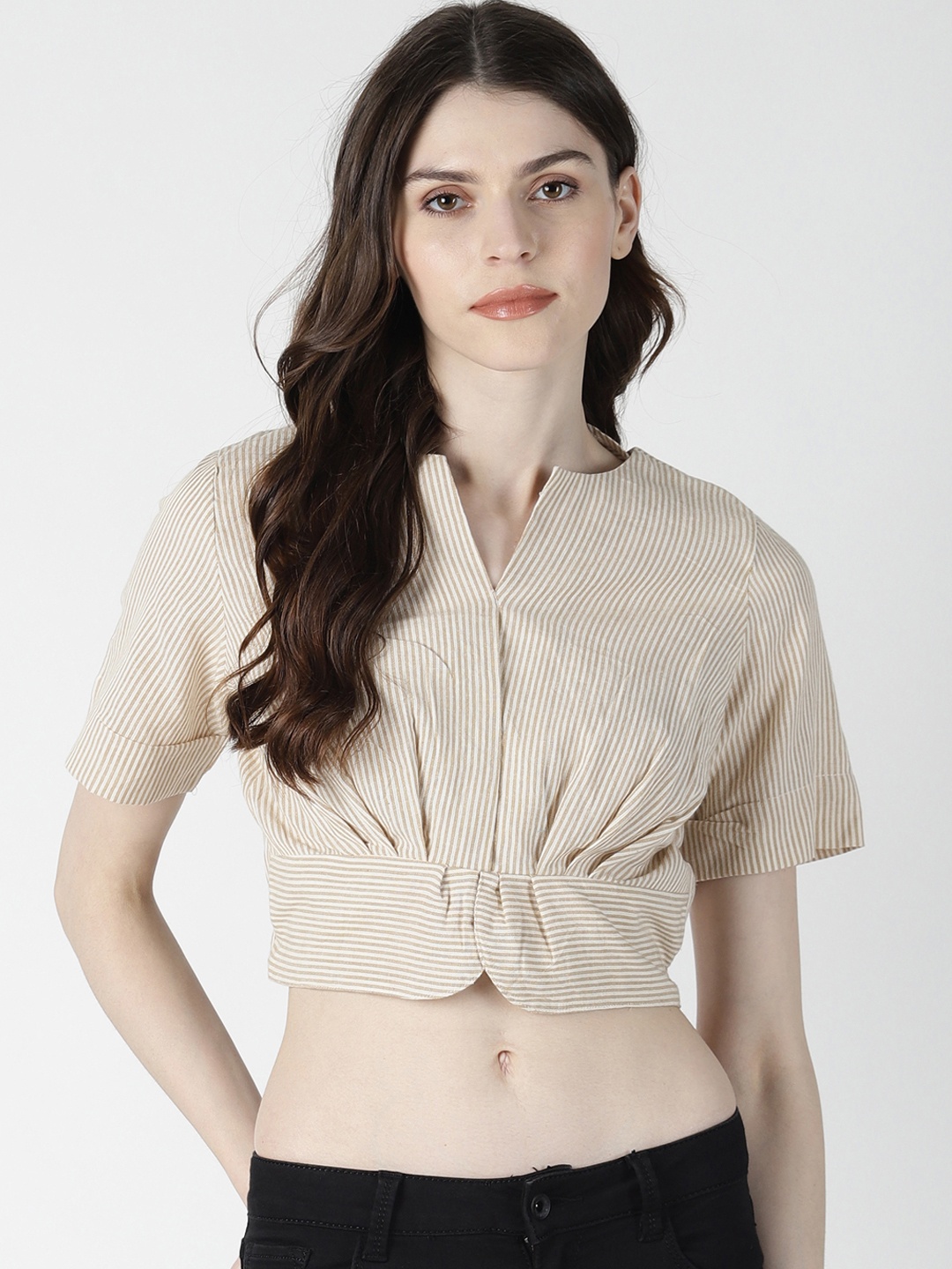 

AARA Women Beige Striped Cinched Waist Crop Top