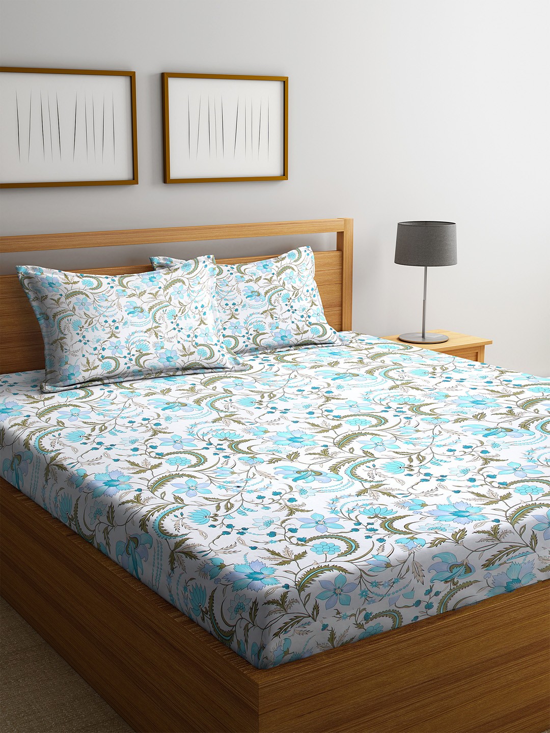 

Cortina White & Blue Floral 144 TC Cotton 1 King Bedsheet with 2 Pillow Covers