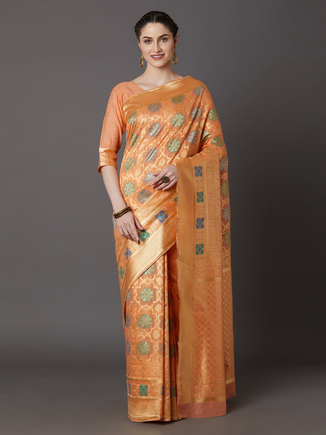 

Mitera Orange & Gold-Toned Silk Blend Woven Design Kanjeevaram Saree