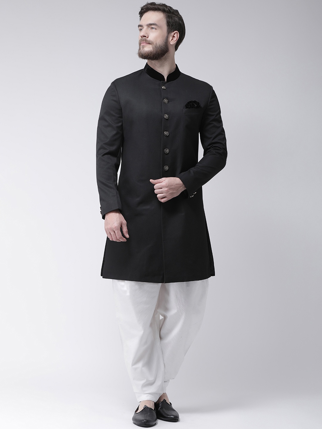 

Hangup Men Black & White Solid Sherwani Set