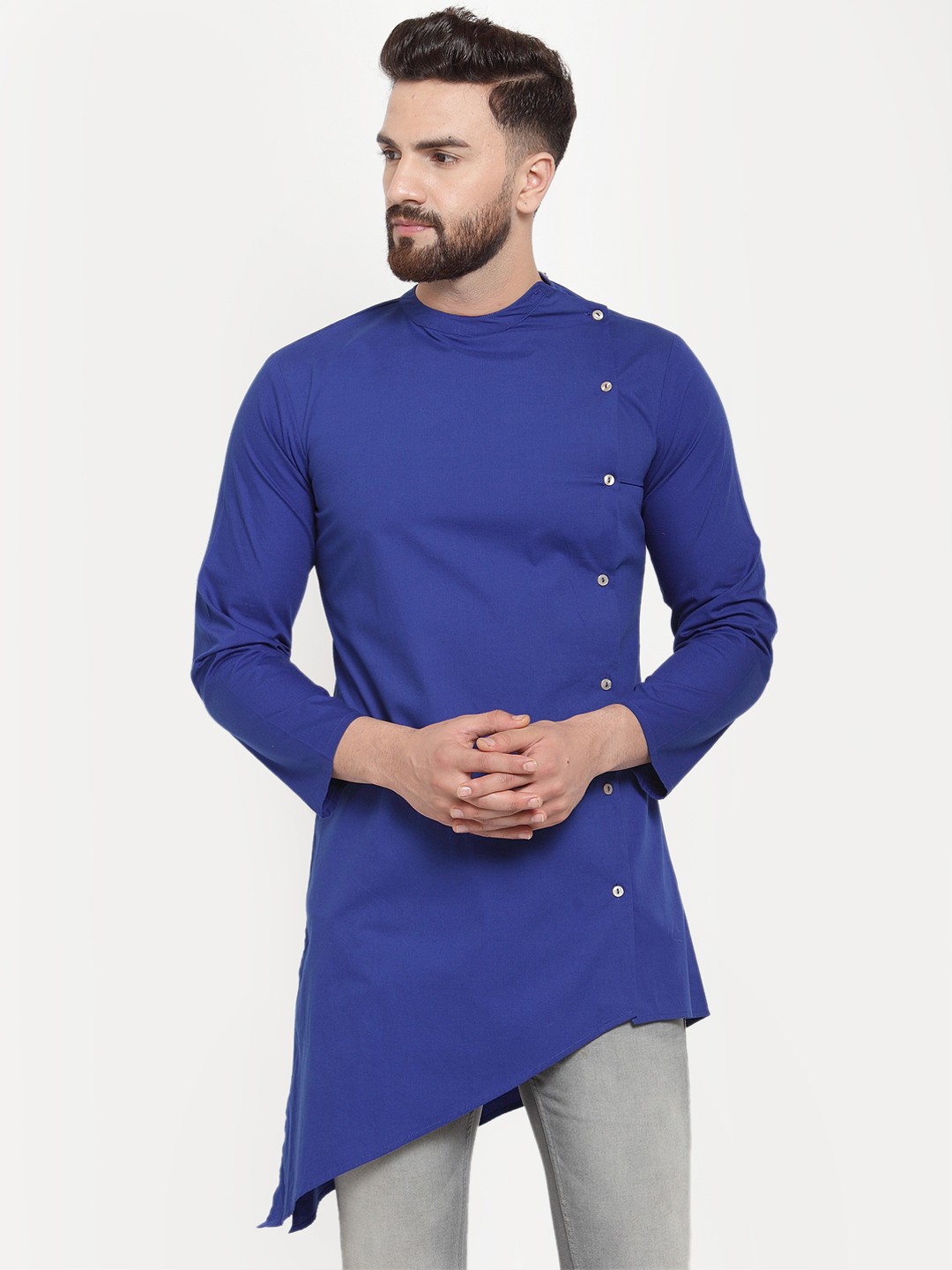 

Purple State Men Blue Solid Asymmetric Straight Kurta