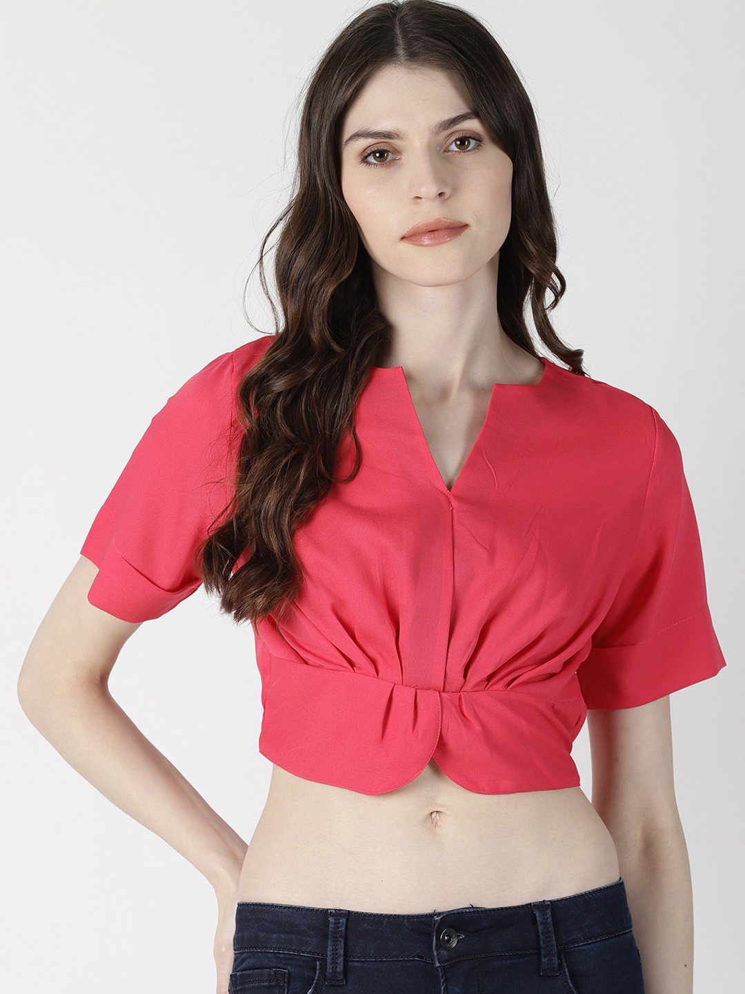 

AARA Women Peach-Coloured Solid Cinched Waist Crop Top