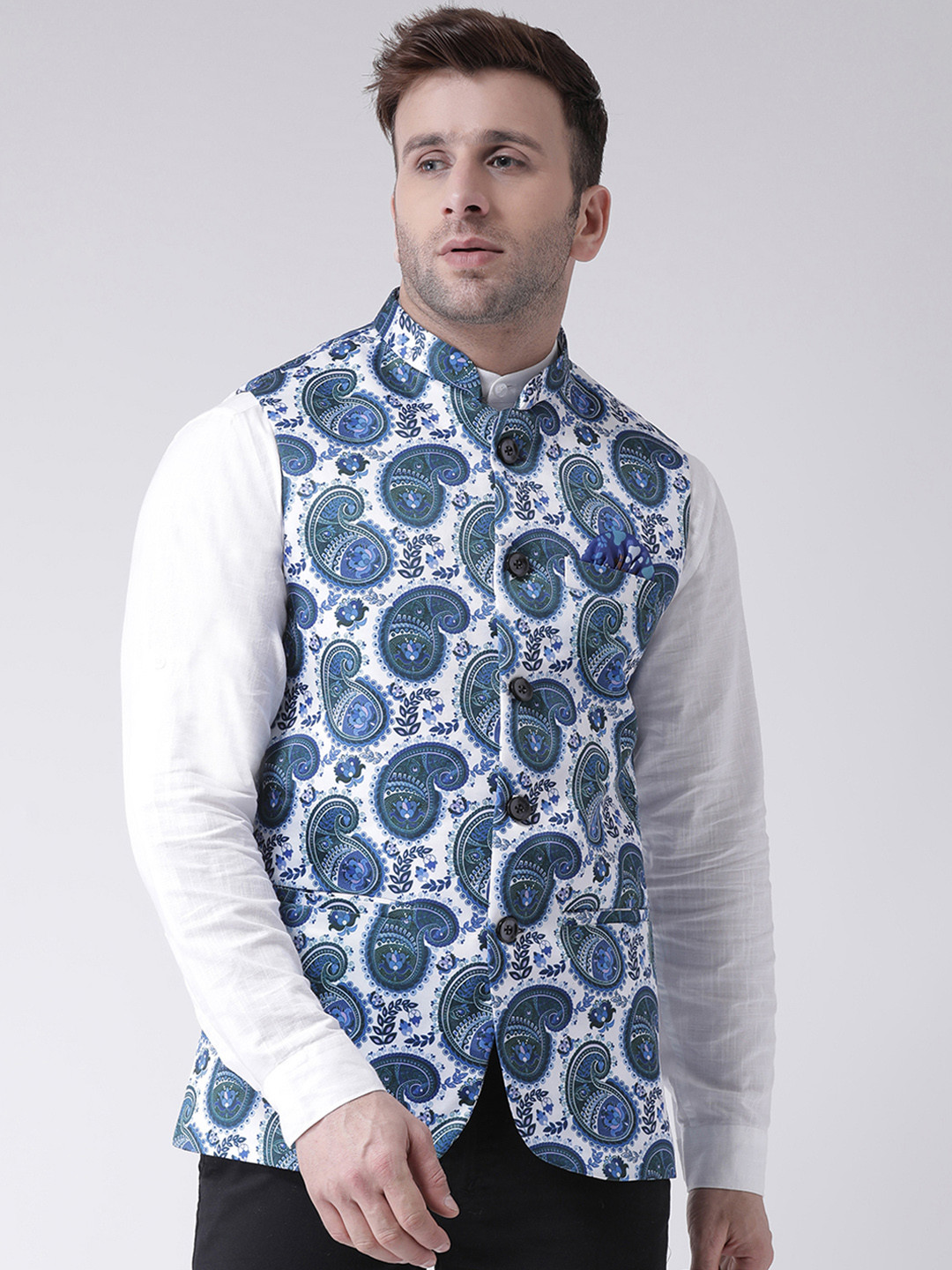 

Hangup Men Blue & White Printed Festive Nehru Jacket