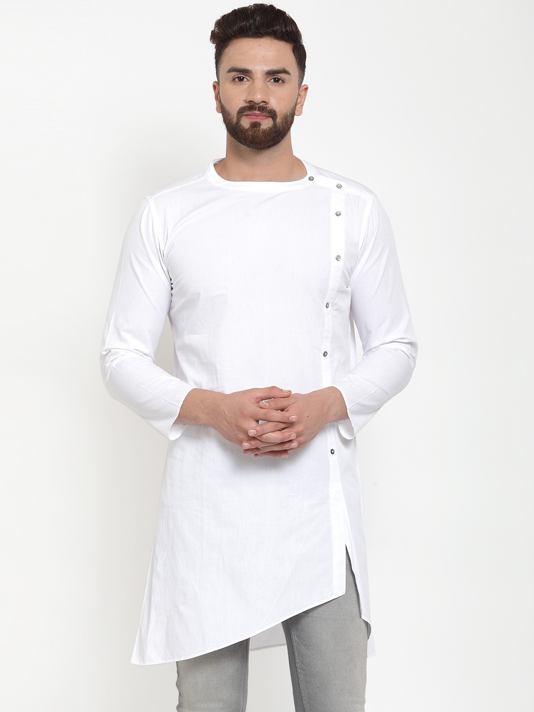 

Purple State Men White Solid Asymmetric Straight Kurta
