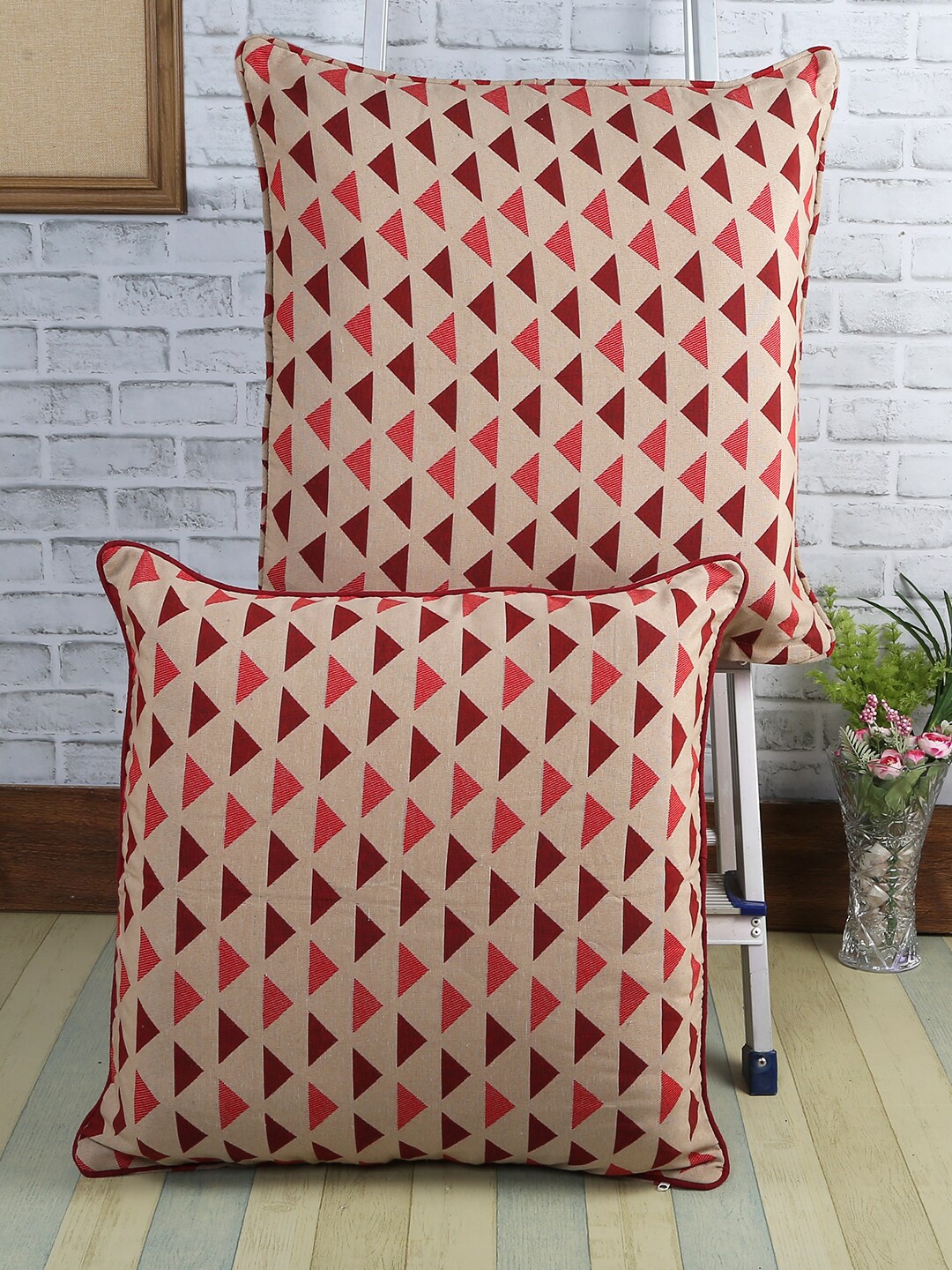 Soumya Maroon & Beige Set of 2 Geometric Square Cushion Covers