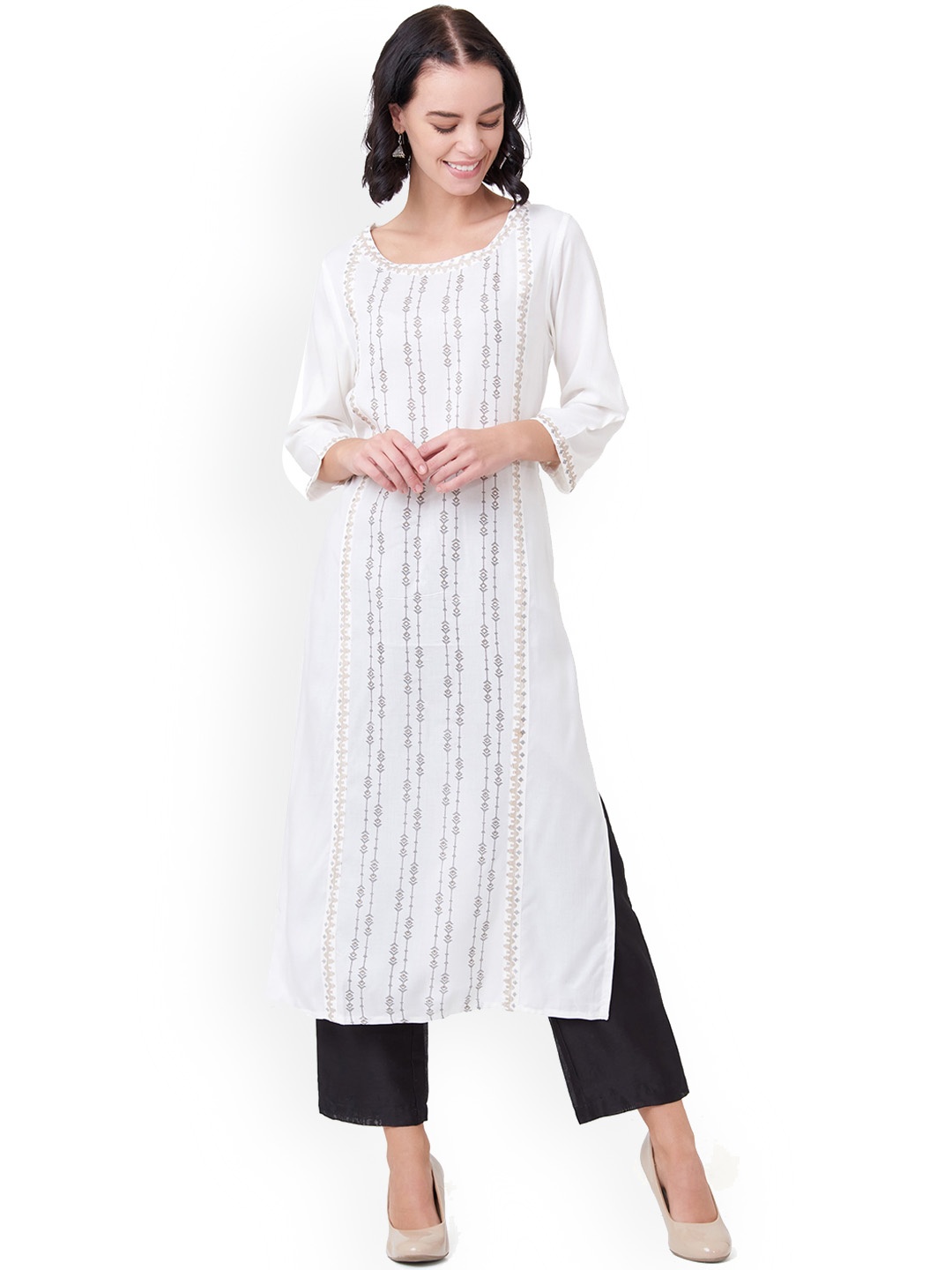 

IMARA Women White Woven Design Straight Kurta