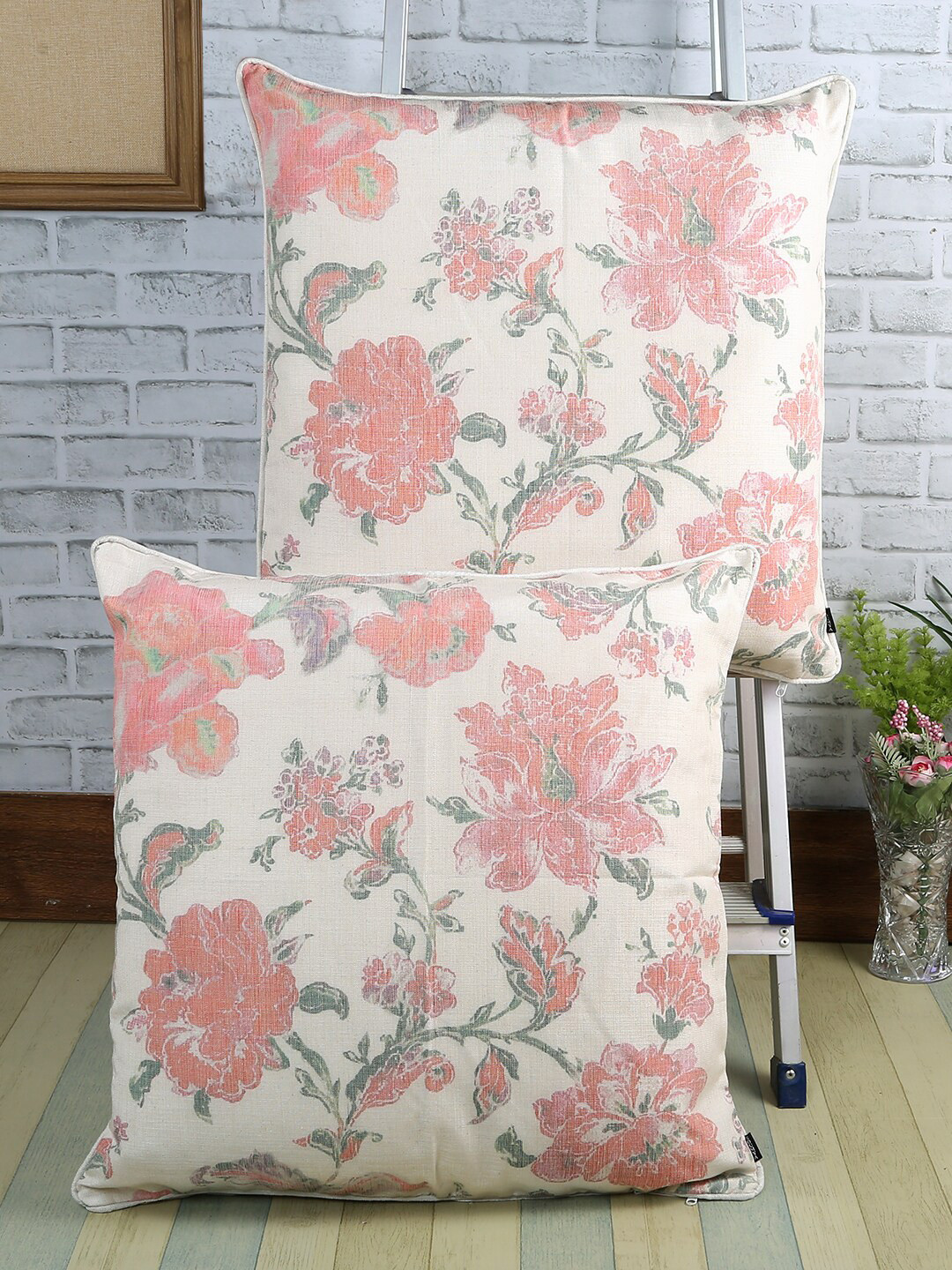 

Soumya White & Pink Set of 2 Floral Square Cushion Covers