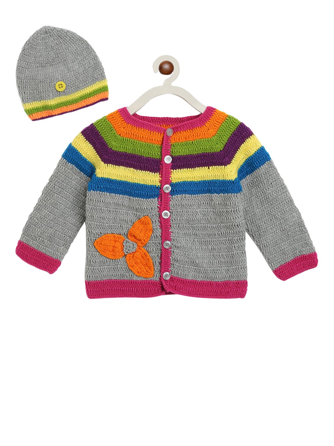 

CHUTPUT Unisex Kids Multicoloured Striped Cardigan Sweater With Beanie, Multi