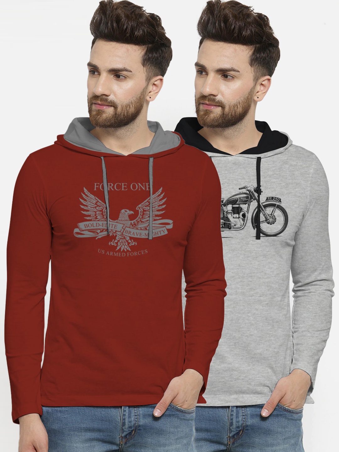 

BULLMER Men Pack of 2 Printed Hood T-shirts, Maroon