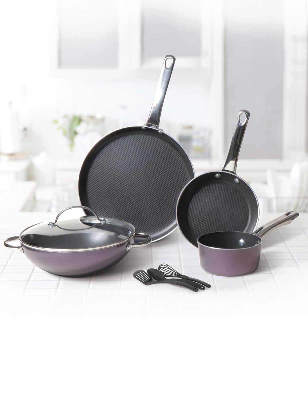 

MEYER Violet & Black Non-Stick 8-Pc Cookware Set(Saucepan+Kadai+Frypan+Tawa+Accessories)