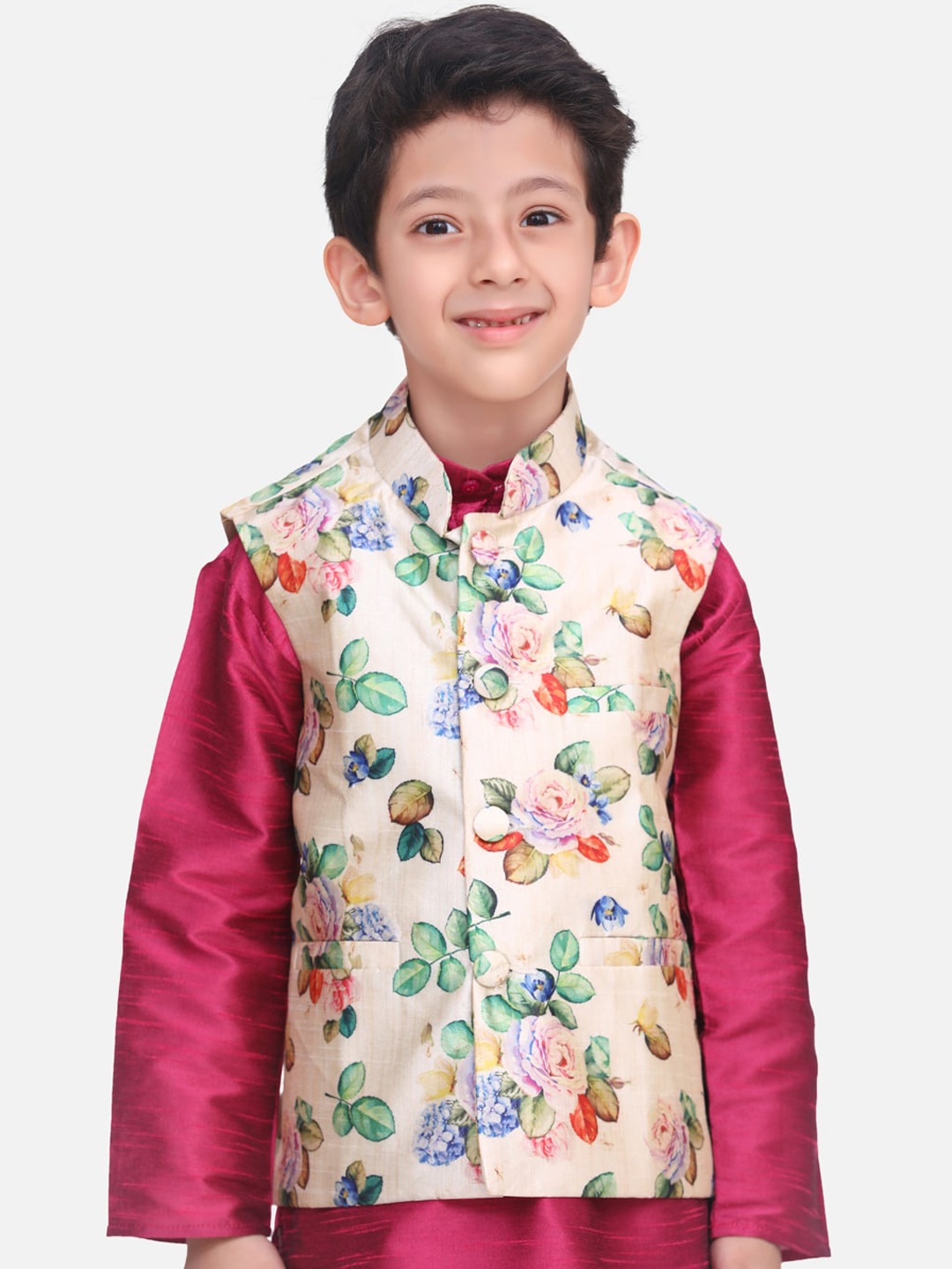 

LilPicks Boys Cream-Coloured & Green Floral Print Nehru Jacket