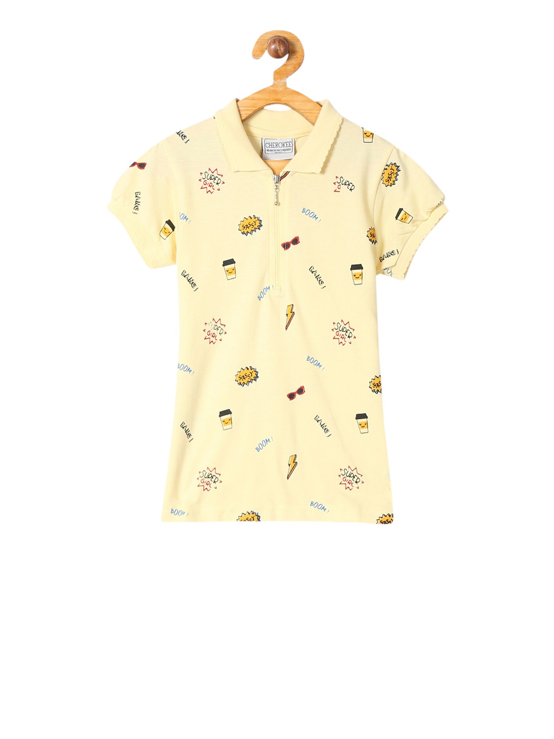 

Cherokee Girls Yellow Printed Polo Collar Pure Cotton T-shirt