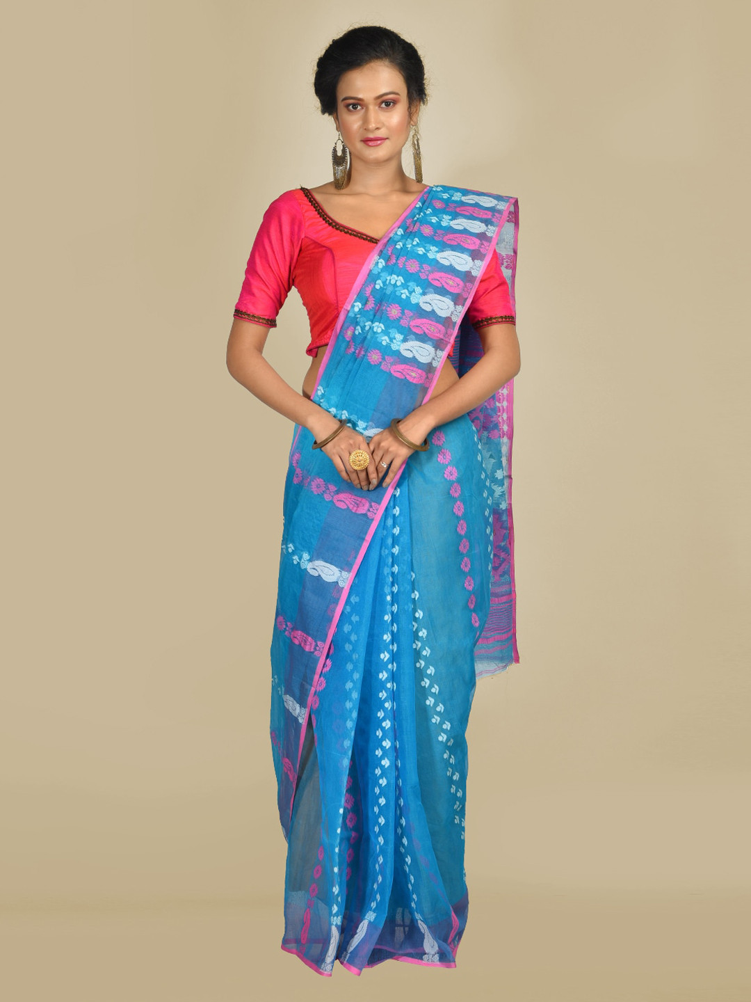 

Mitera Turquoise Blue Silk Cotton Woven Design Jamdani Saree
