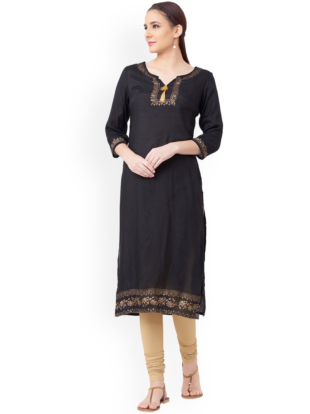

IMARA Women Black & Beige Printed Straight Kurta