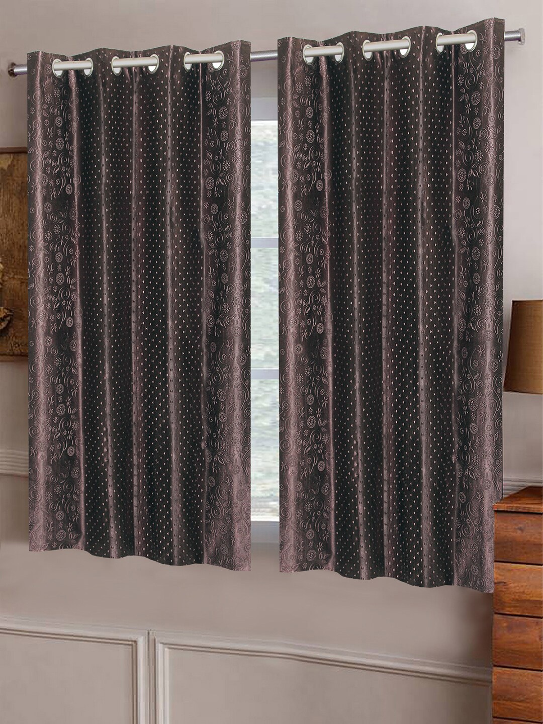 

Good Homes by Home Candy Brown & Grey Set of 2 Self Design Window Curtains