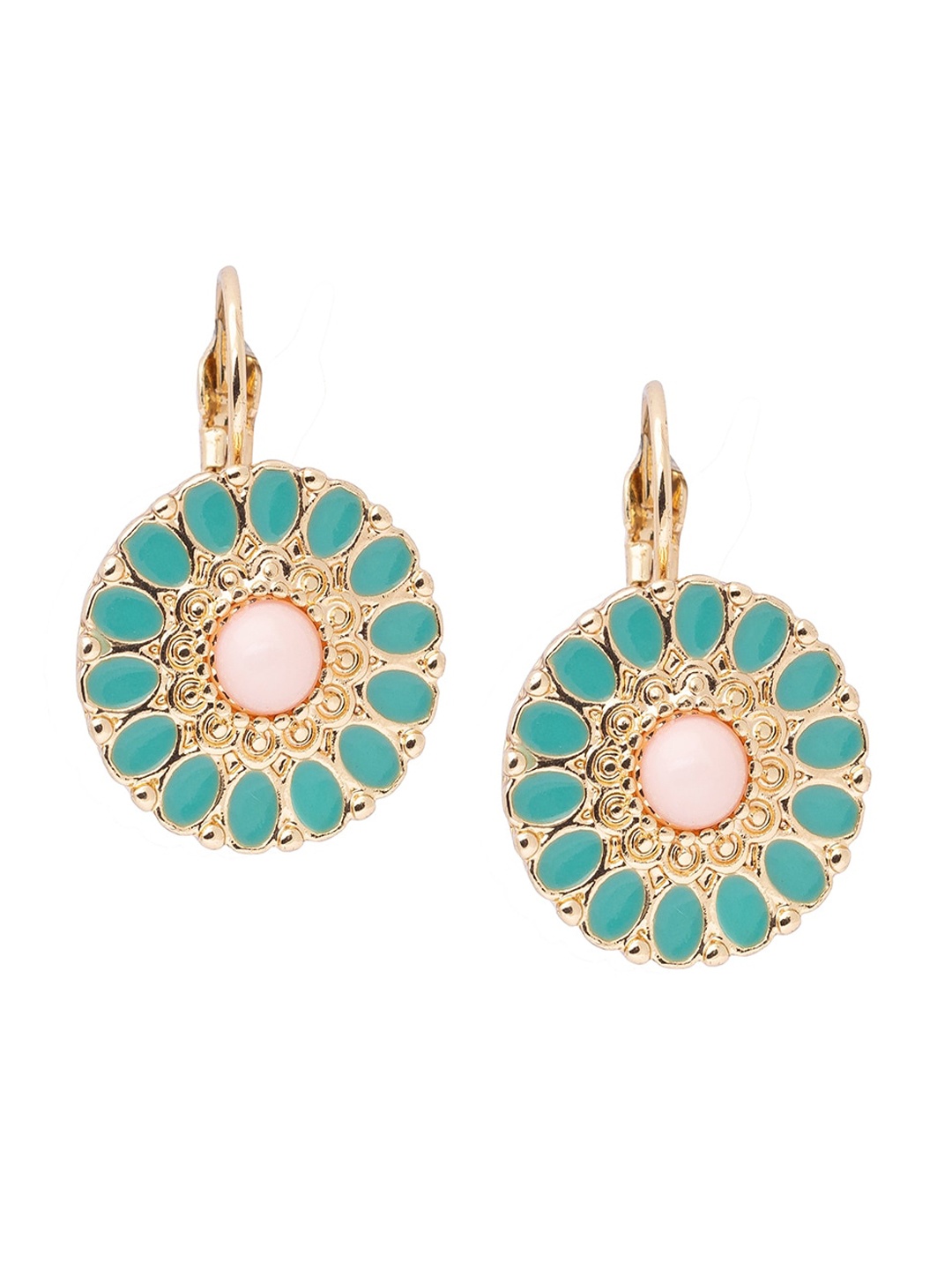 

Globus Gold-Plated & Sea Green Circular Drop Earrings