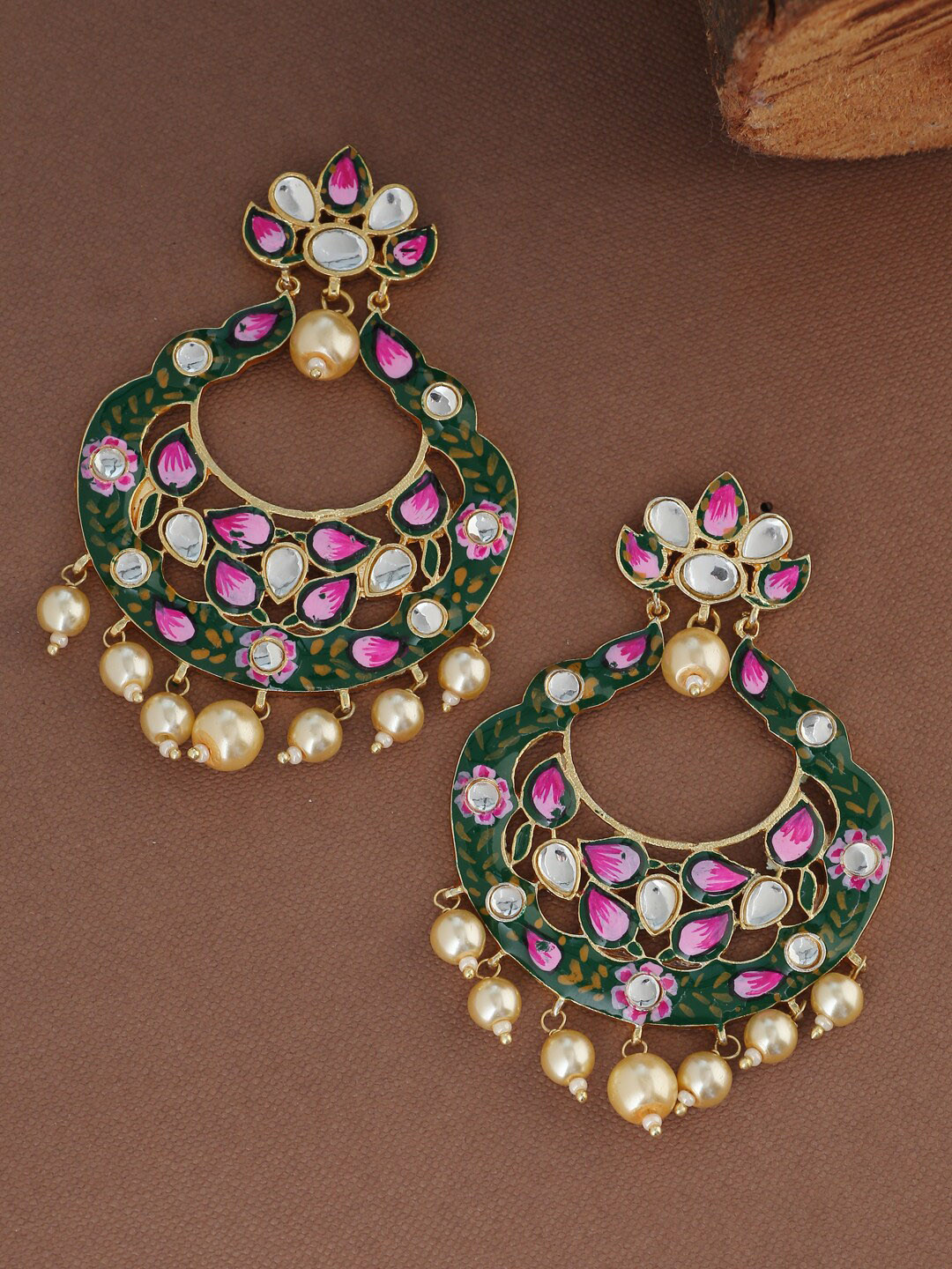 

Tistabene Pink & Green Gold-Plated Meenakari Hand Made Classic Chandbalis