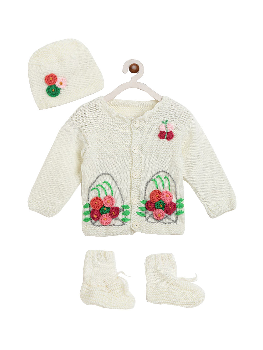 

CHUTPUT Infants White Self Design Cardigan Sweater With Beanie Cap & Socks