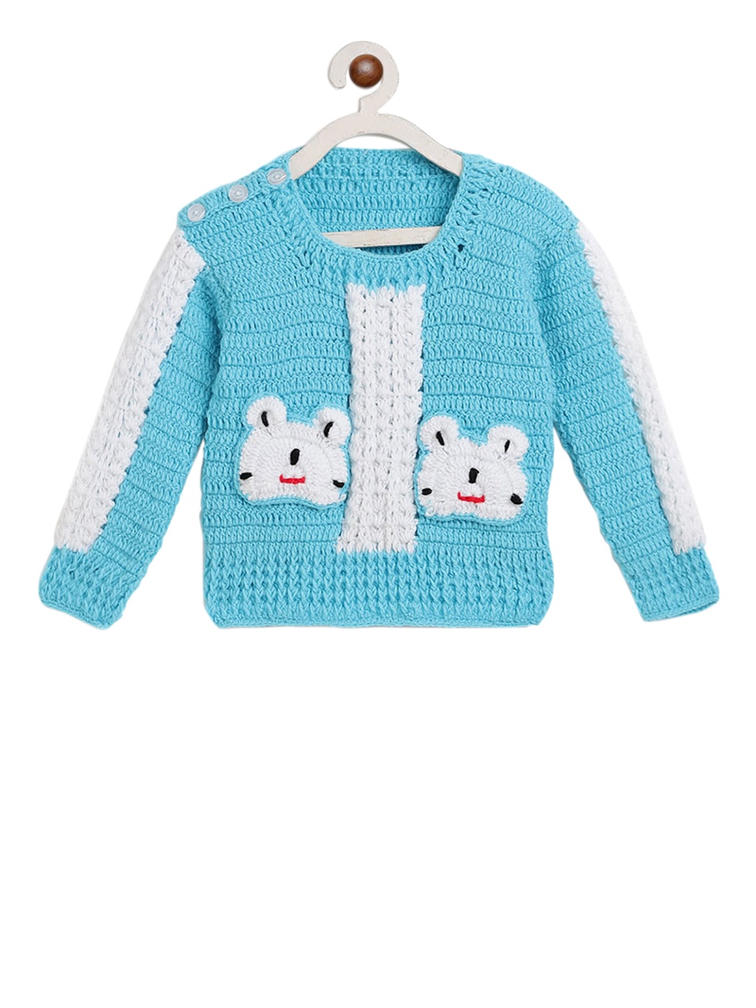 

CHUTPUT Unisex Kids Blue Colourblocked Crochet Pullover Sweater