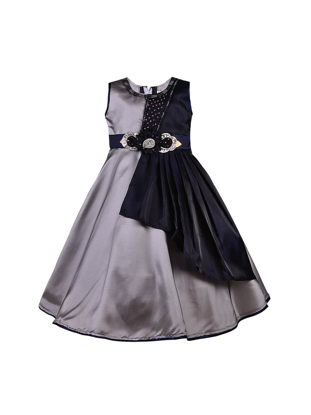 

Wish Karo Girls Navy Blue & Grey Colourblocked Silk Maxi Dress