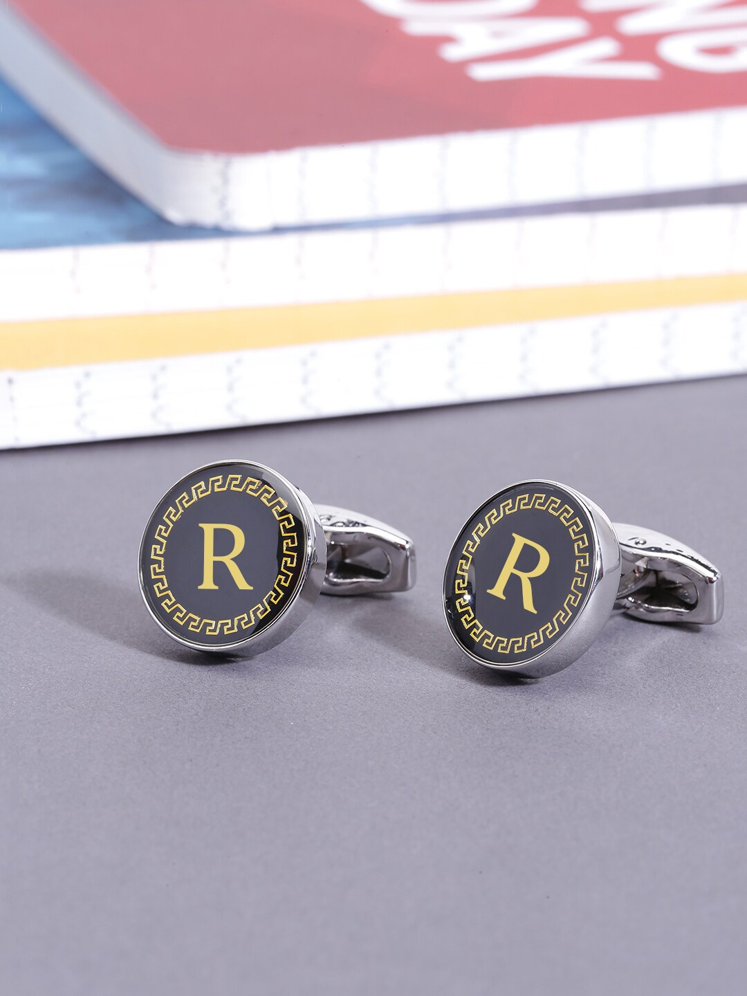 

Yellow Chimes Black & Gold-Toned Letter R Embossed Round Cufflinks