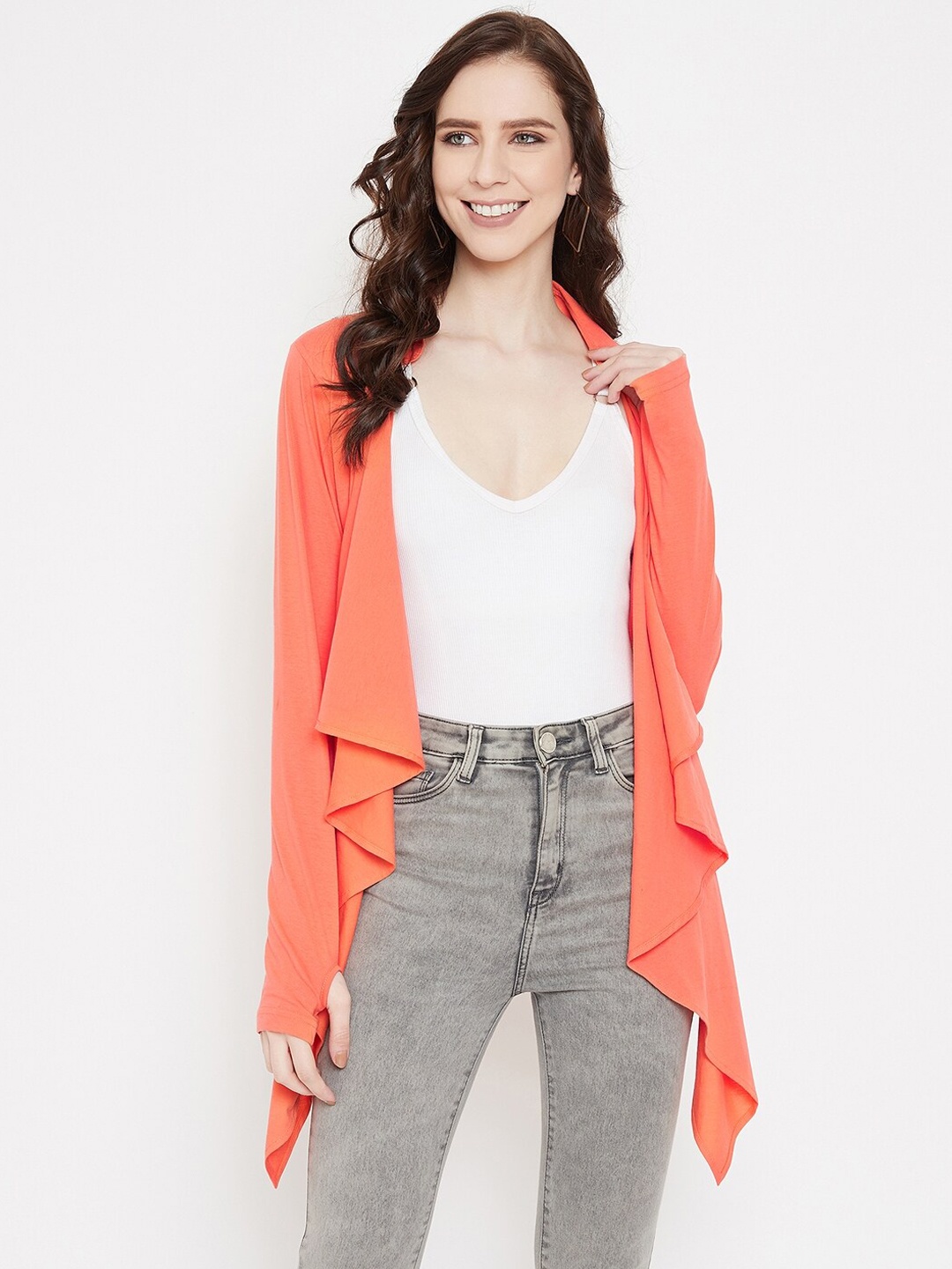 

Hypernation Women Orange Solid Waterfall Shrug