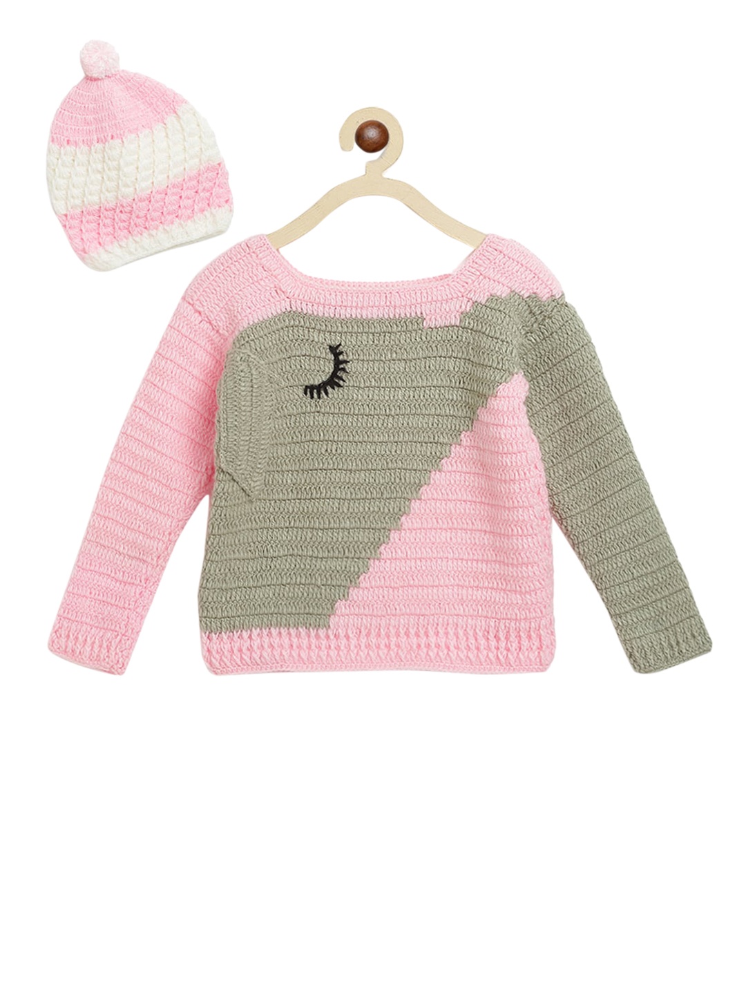 

CHUTPUT Unisex Kids Pink Colourblocked Pullover Sweater & Beanie Cap