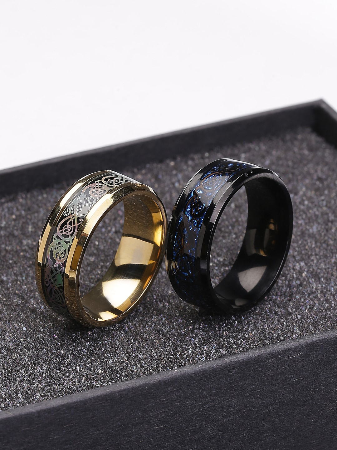 

Yellow Chimes Men Set Of 2 Gold-Plated & Black Dragon Celtic Signet Finger Rings