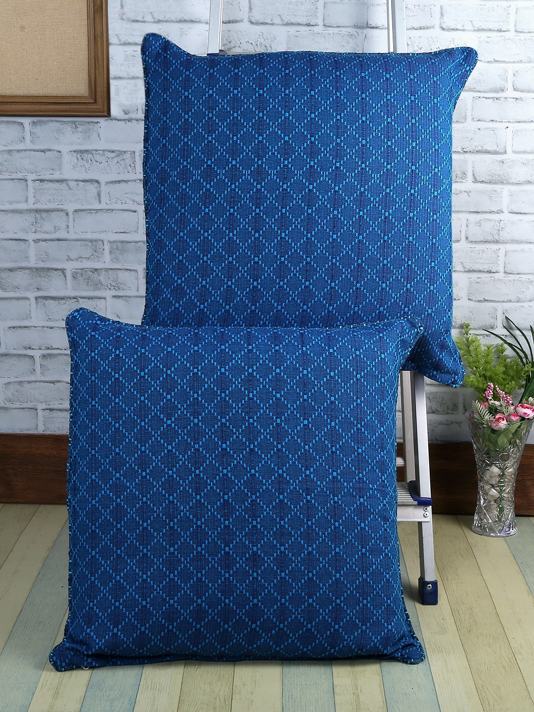 

Soumya Blue Set of 2 Geometric Square Embroidered Cushion Covers