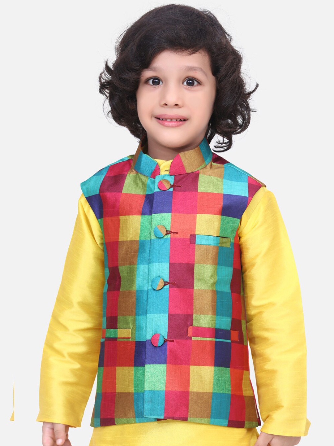 

LilPicks Boys Multicoloured Checked Nehru Jacket, Multi